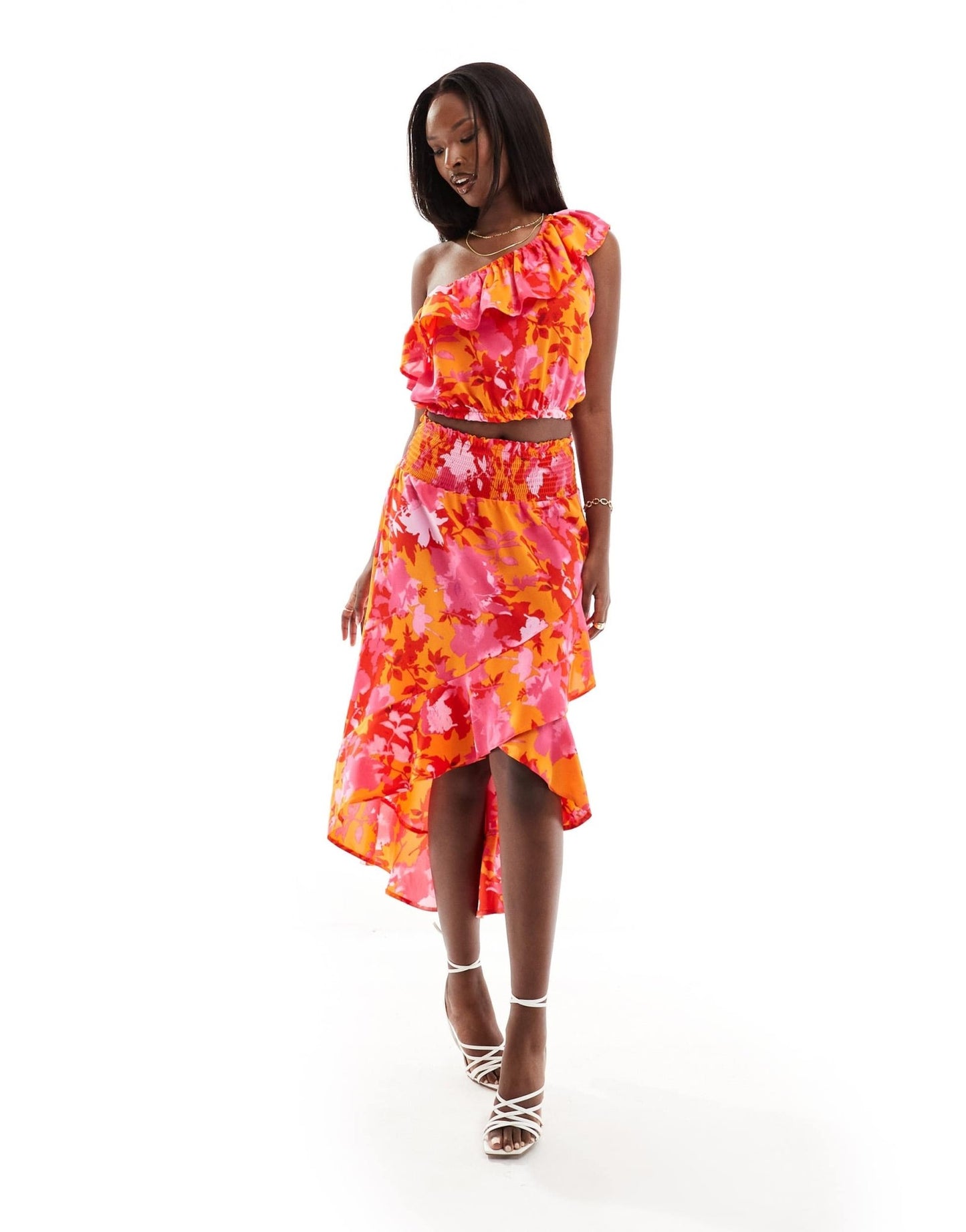 AX Paris ruffle one shoulder top co - ord in orange and pink floral - ASOS Sample Sale EU Store