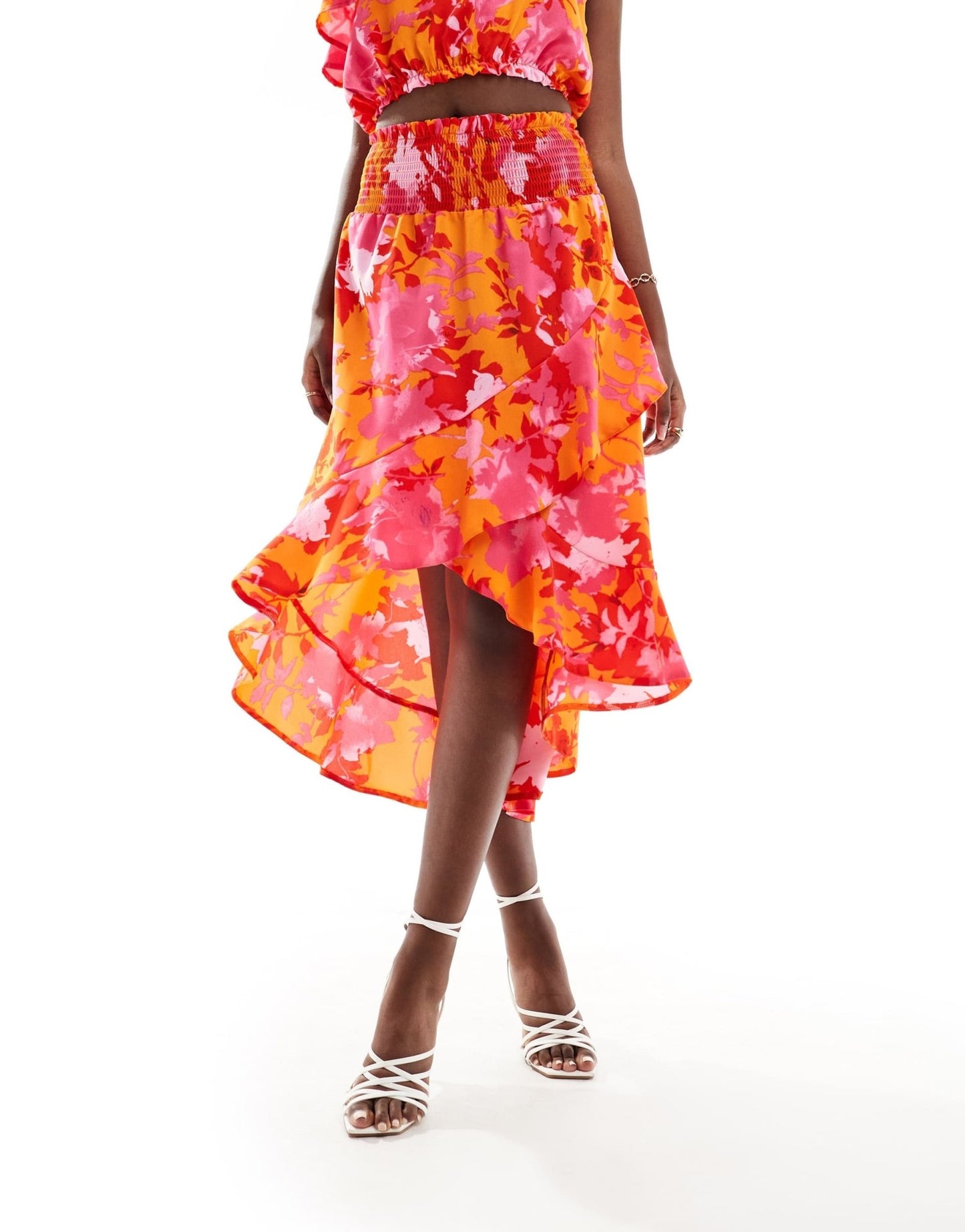 AX Paris ruffle trim midi skirt co - ord in orange and pink floral - ASOS Sample Sale EU Store
