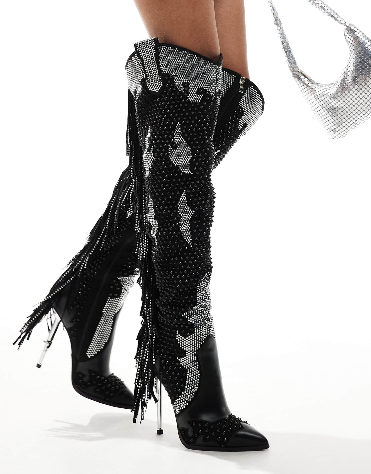 Azalea Wang Crewe over the knee western boots in black embellished - ASOS Sample Sale EU Store