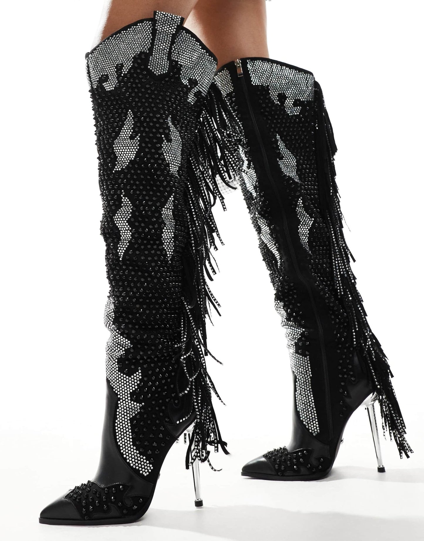 Azalea Wang Crewe over the knee western boots in black embellished - ASOS Sample Sale EU Store