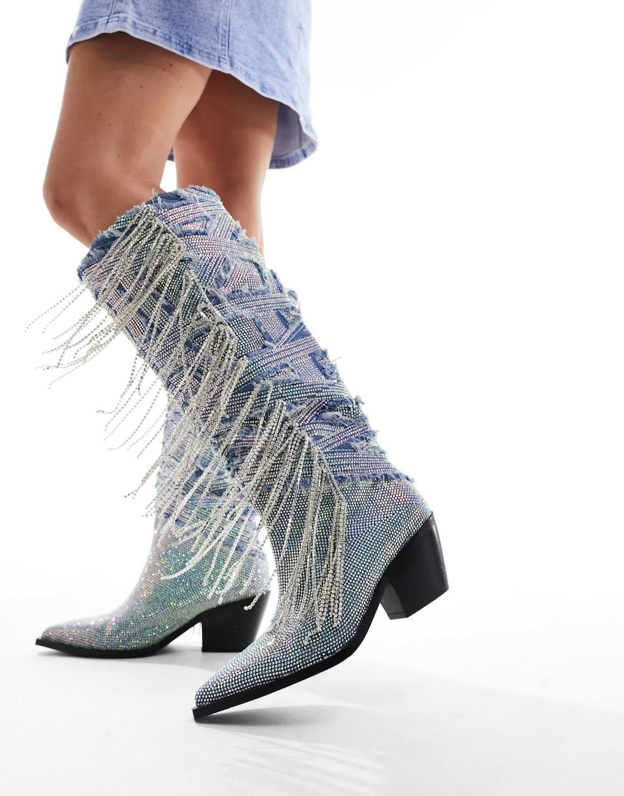 Azalea Wang Domingo western fringe embellished knee boots in denim - ASOS Sample Sale EU Store