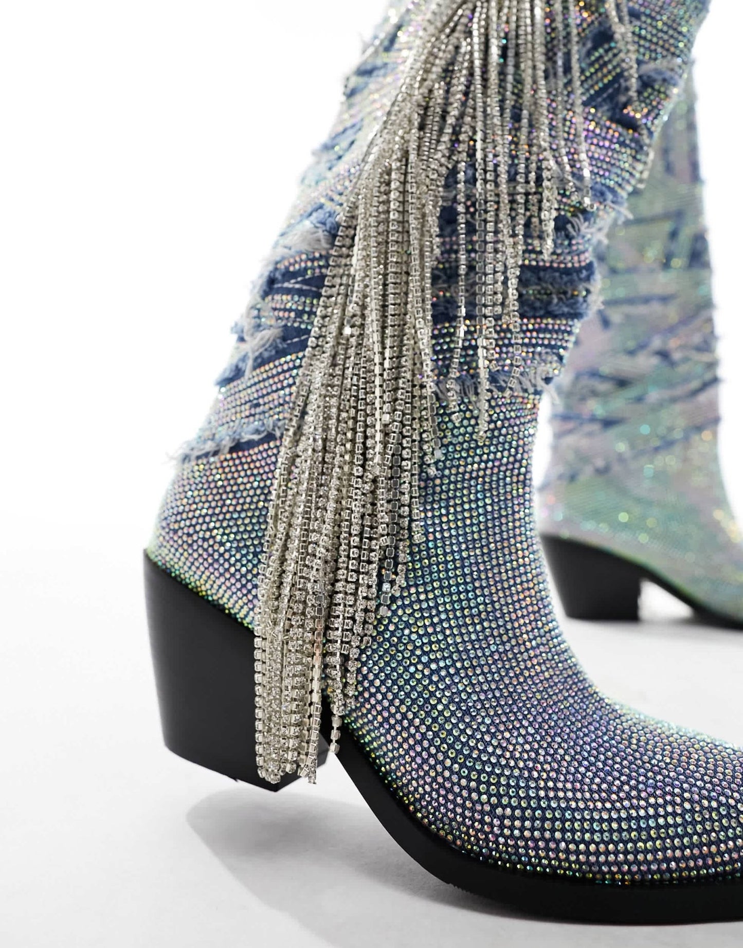 Azalea Wang Domingo western fringe embellished knee boots in denim - ASOS Sample Sale EU Store