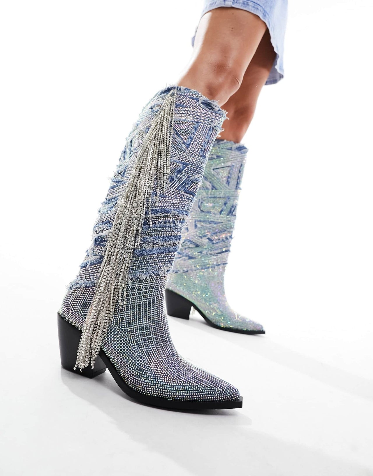 Azalea Wang Domingo western fringe embellished knee boots in denim - ASOS Sample Sale EU Store