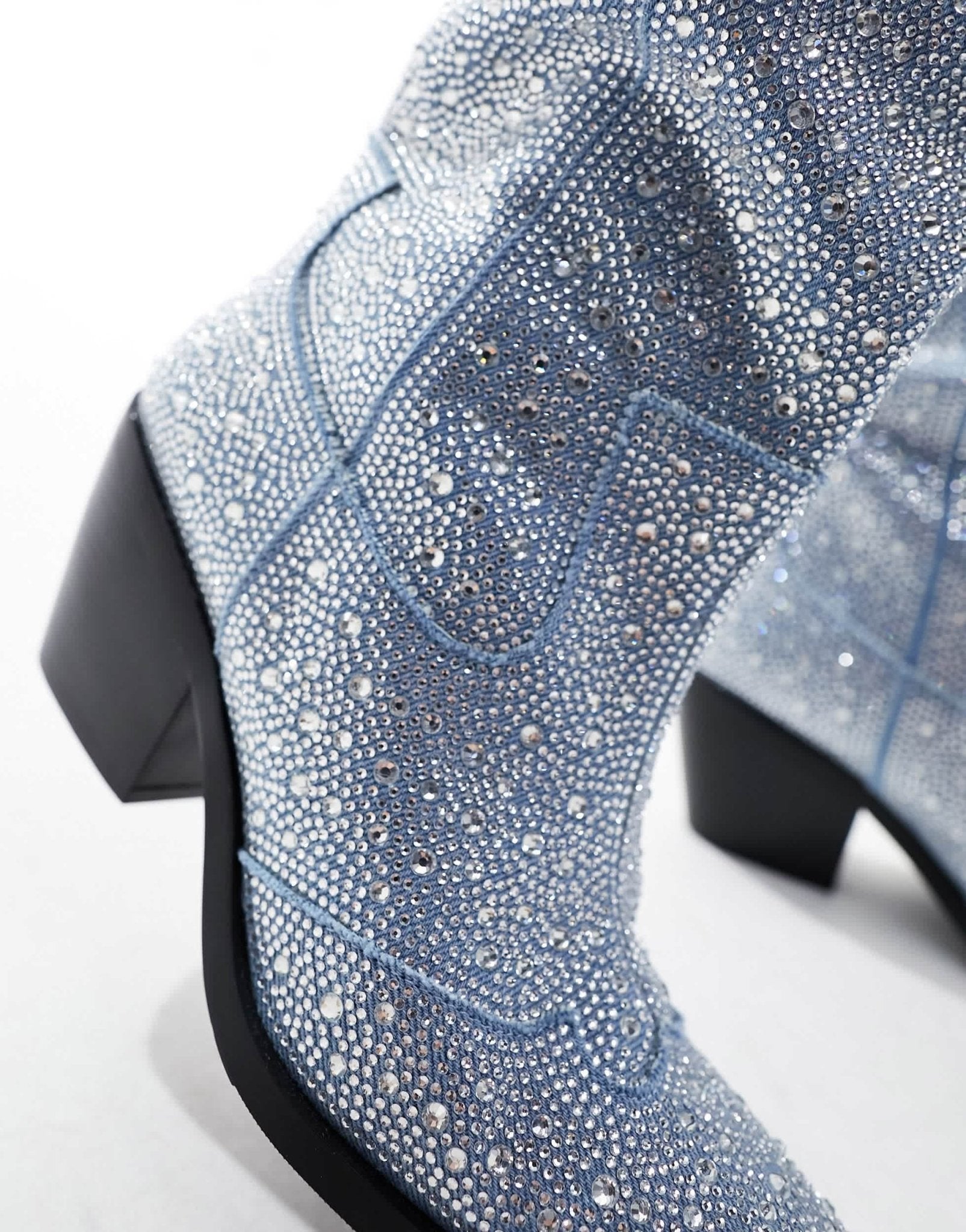 Azalea Wang Louella western knee boot in embellished denim - ASOS Sample Sale EU Store