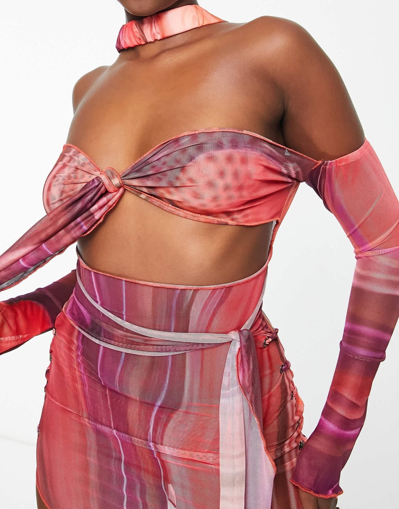 Bad Society Club cut out mesh tie front bodycon dress in red multi - ASOS Sample Sale EU Store