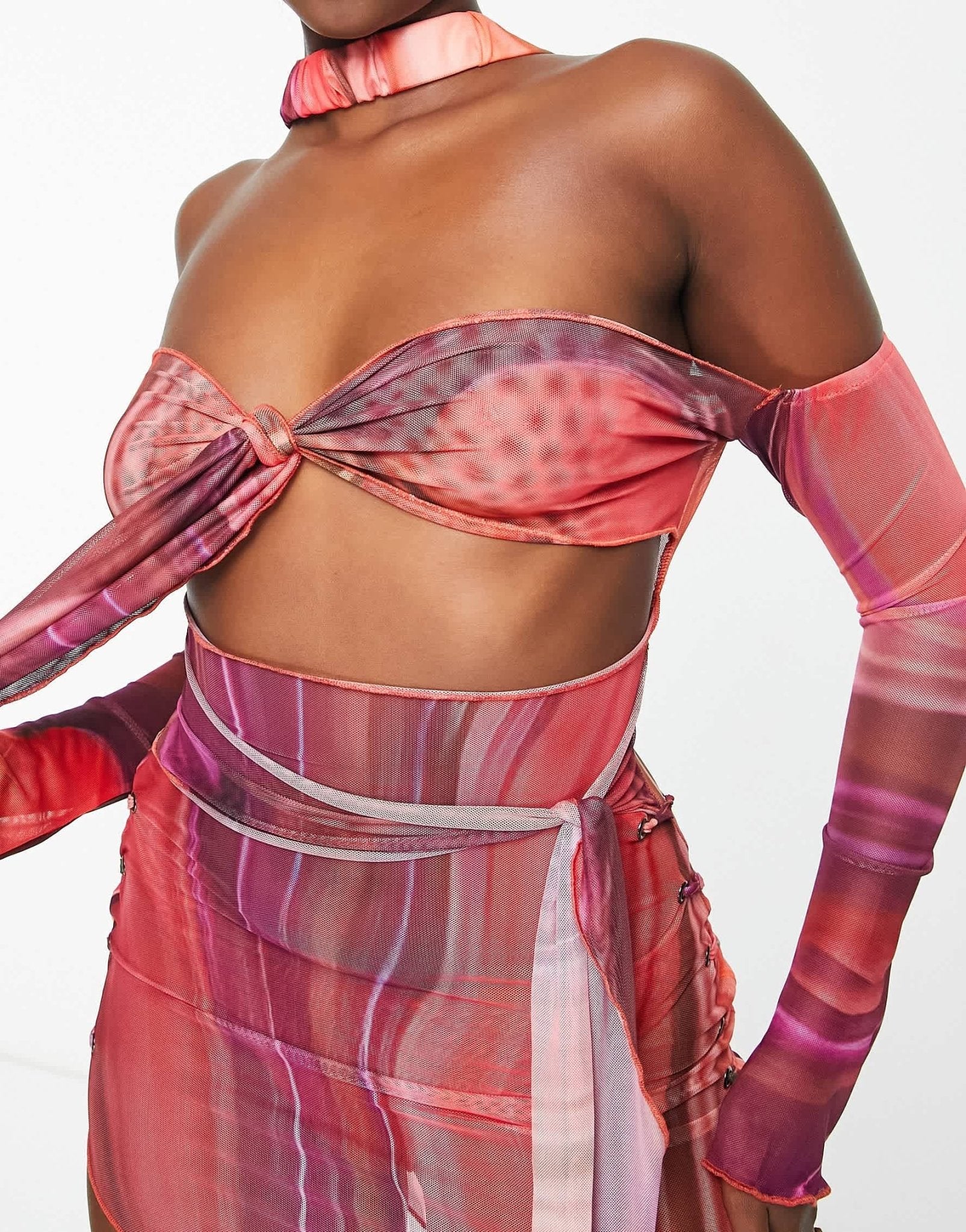 Bad Society Club cut out mesh tie front bodycon dress in red multi - ASOS Sample Sale EU Store