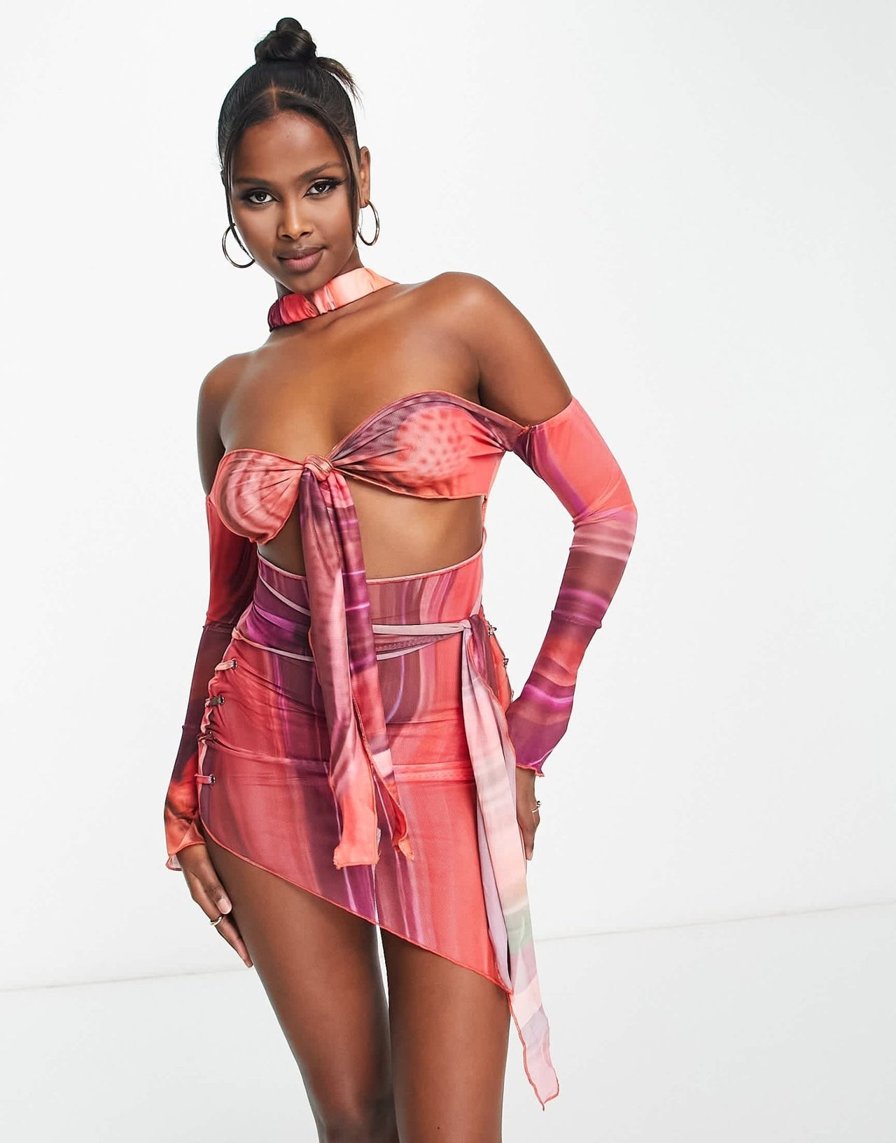 Bad Society Club cut out mesh tie front bodycon dress in red multi - ASOS Sample Sale EU Store