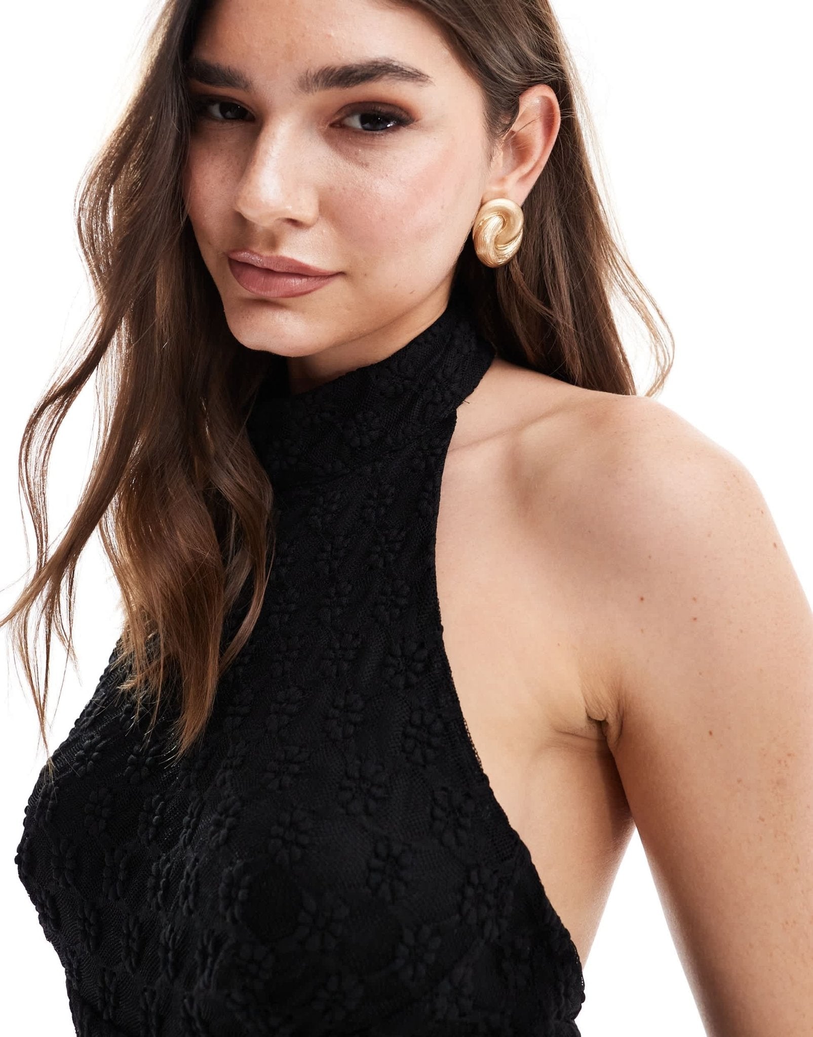 Bardot halter neck lace midaxi dress with open back in black - ASOS Sample Sale EU Store