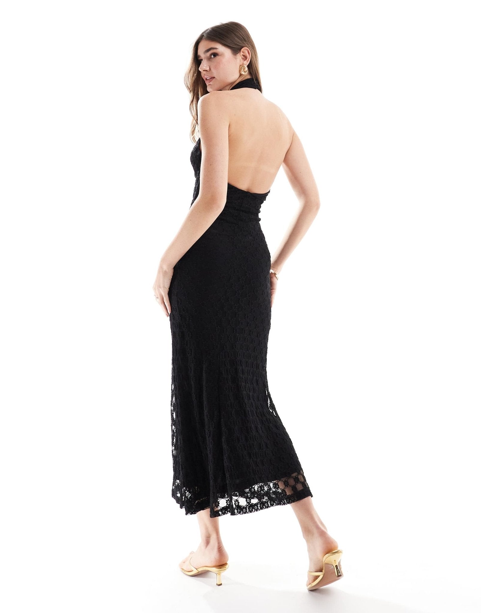 Bardot halter neck lace midaxi dress with open back in black - ASOS Sample Sale EU Store