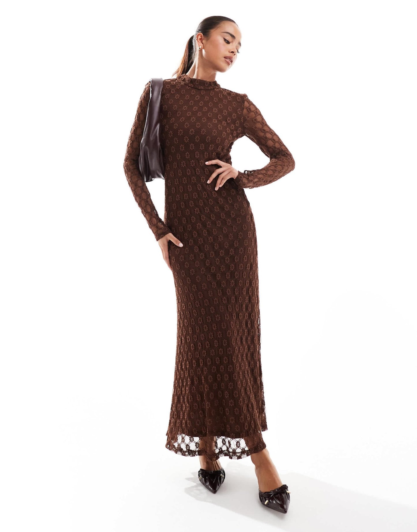 Bardot long sleeve lace maxi dress in chocolate - ASOS Sample Sale EU Store