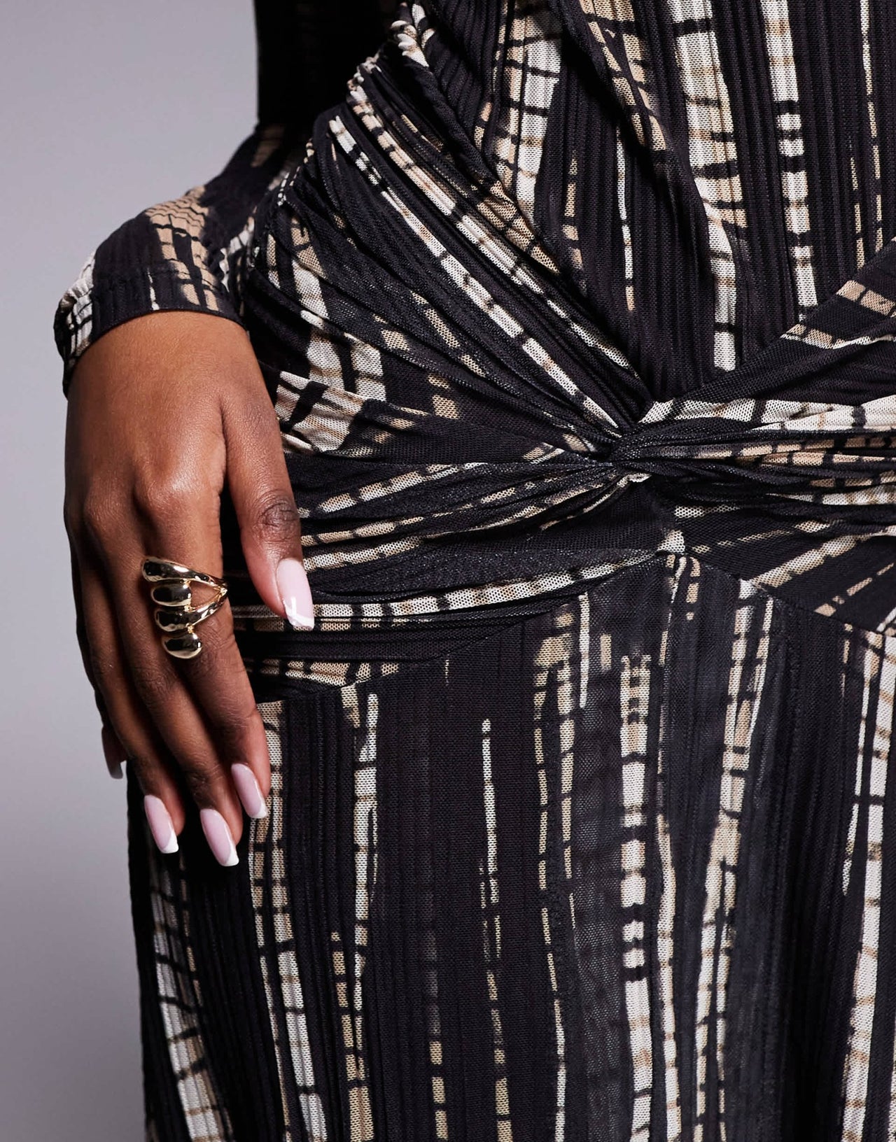 Bardot printed sheer mesh maxi dress with twist side in brown print - ASOS Sample Sale EU Store
