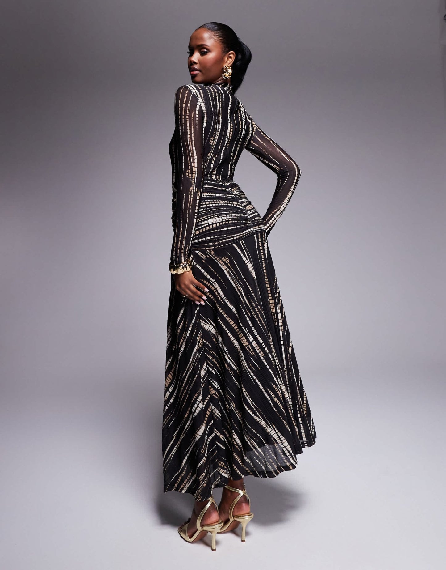 Bardot printed sheer mesh maxi dress with twist side in brown print - ASOS Sample Sale EU Store