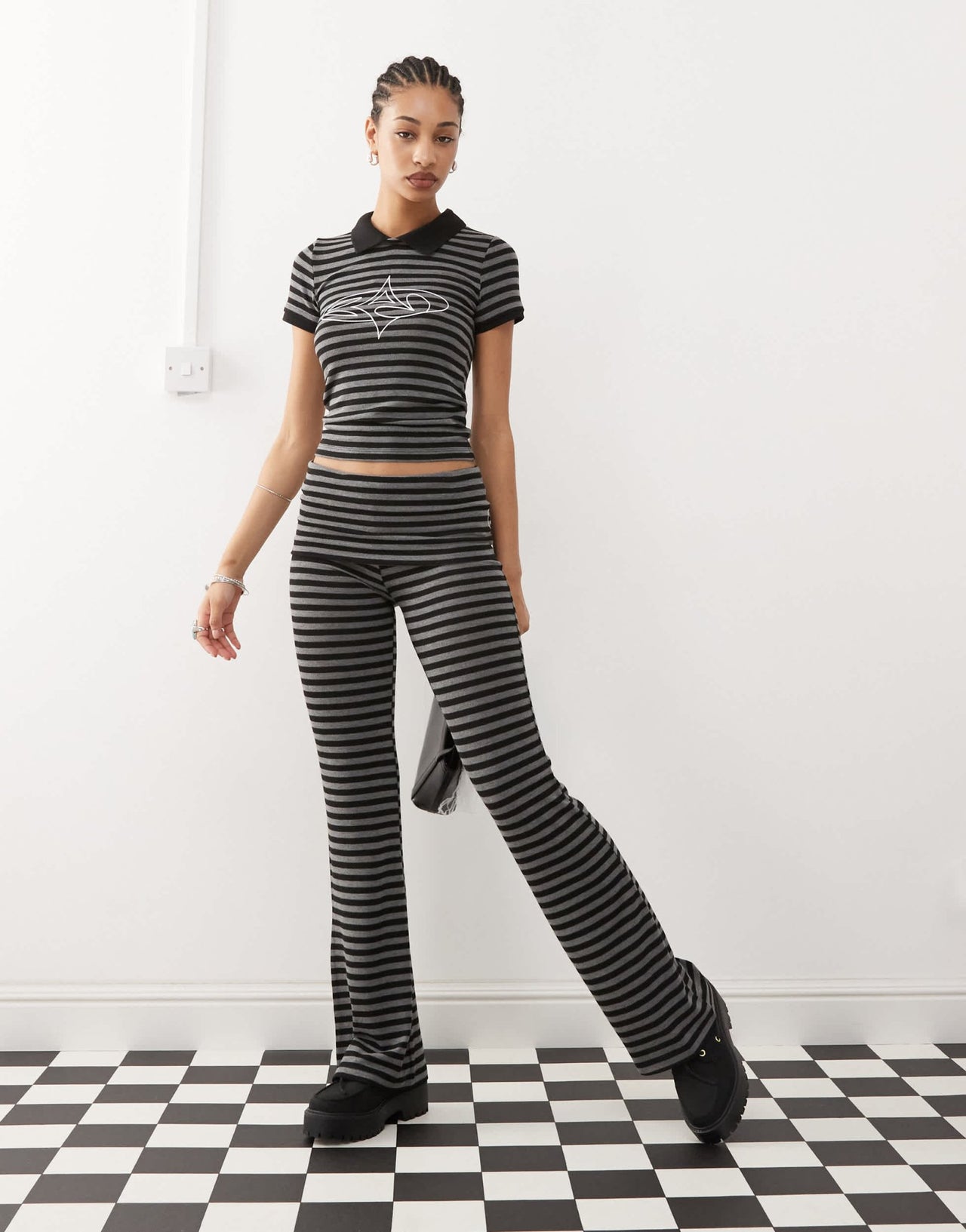 Basic Pleasure Mode penelope striped collar baby t-shirt co - ord in black and grey - ASOS Sample Sale EU Store