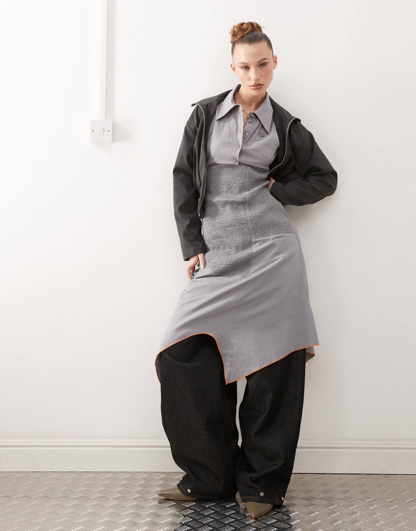 Basic Pleasure Mode shirred panneled shirt dress in grey - ASOS Sample Sale EU Store