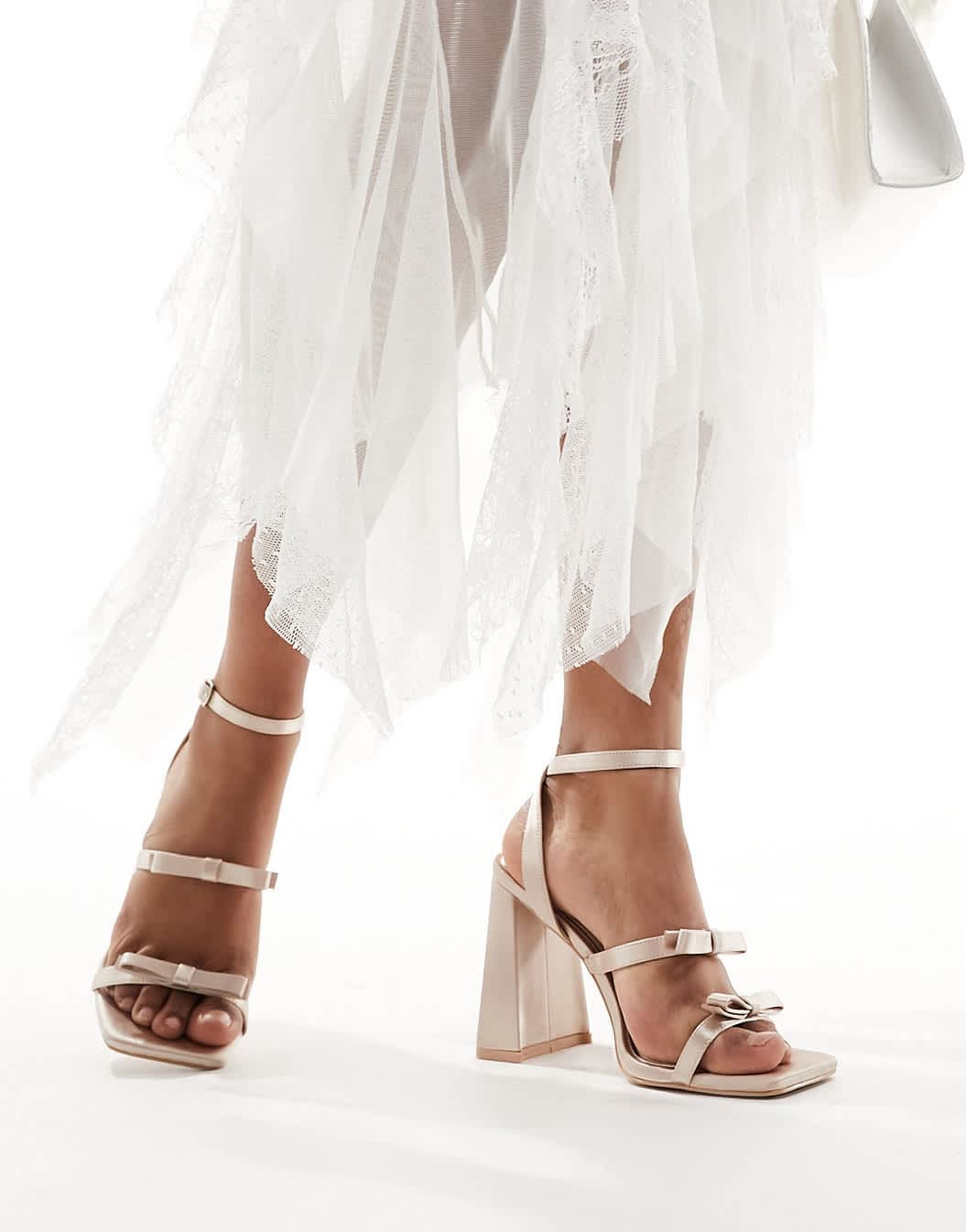 Be Mine Bridal Angelin bow block heel sandals in blush - ASOS Sample Sale EU Store