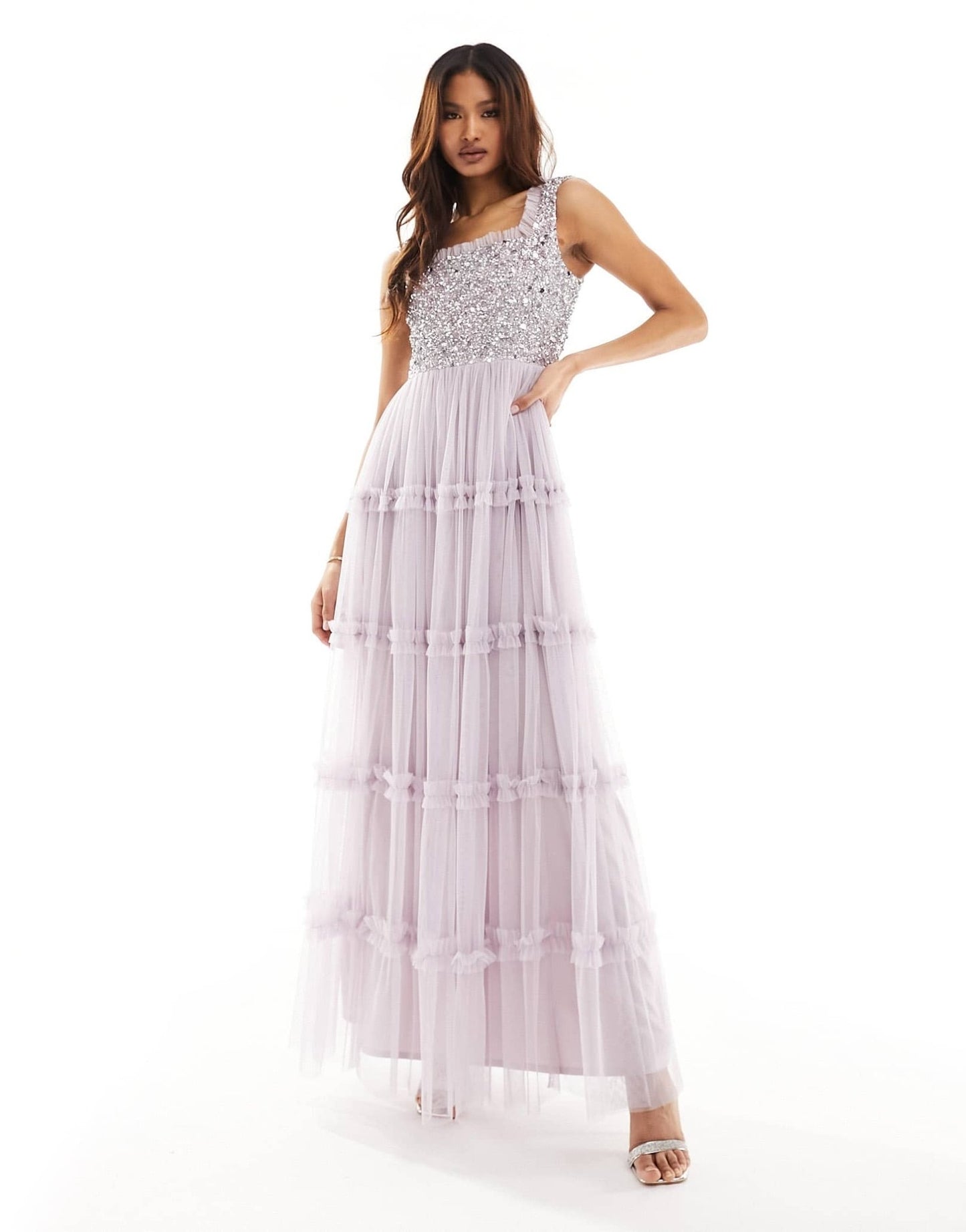 Beaaut Bridesmaid embellished maxi square neck dress with ruffle skirt in lilac - ASOS Sample Sale EU Store