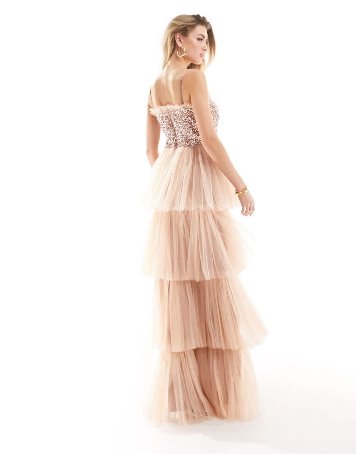 Beauut Bridesmaid strapless embellished tiered maxi dress in taupe - ASOS Sample Sale EU Store
