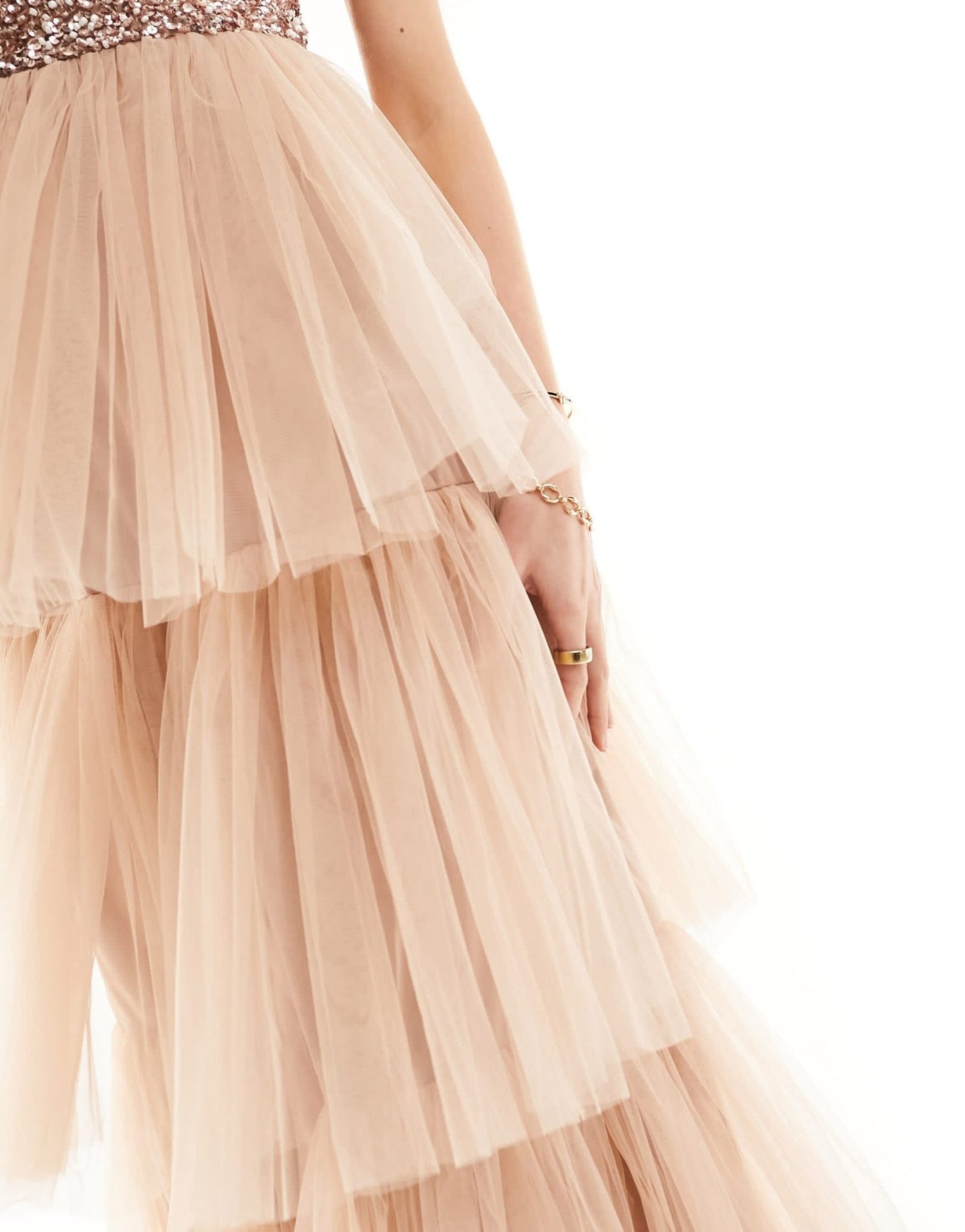 Beauut Bridesmaid strapless embellished tiered maxi dress in taupe - ASOS Sample Sale EU Store