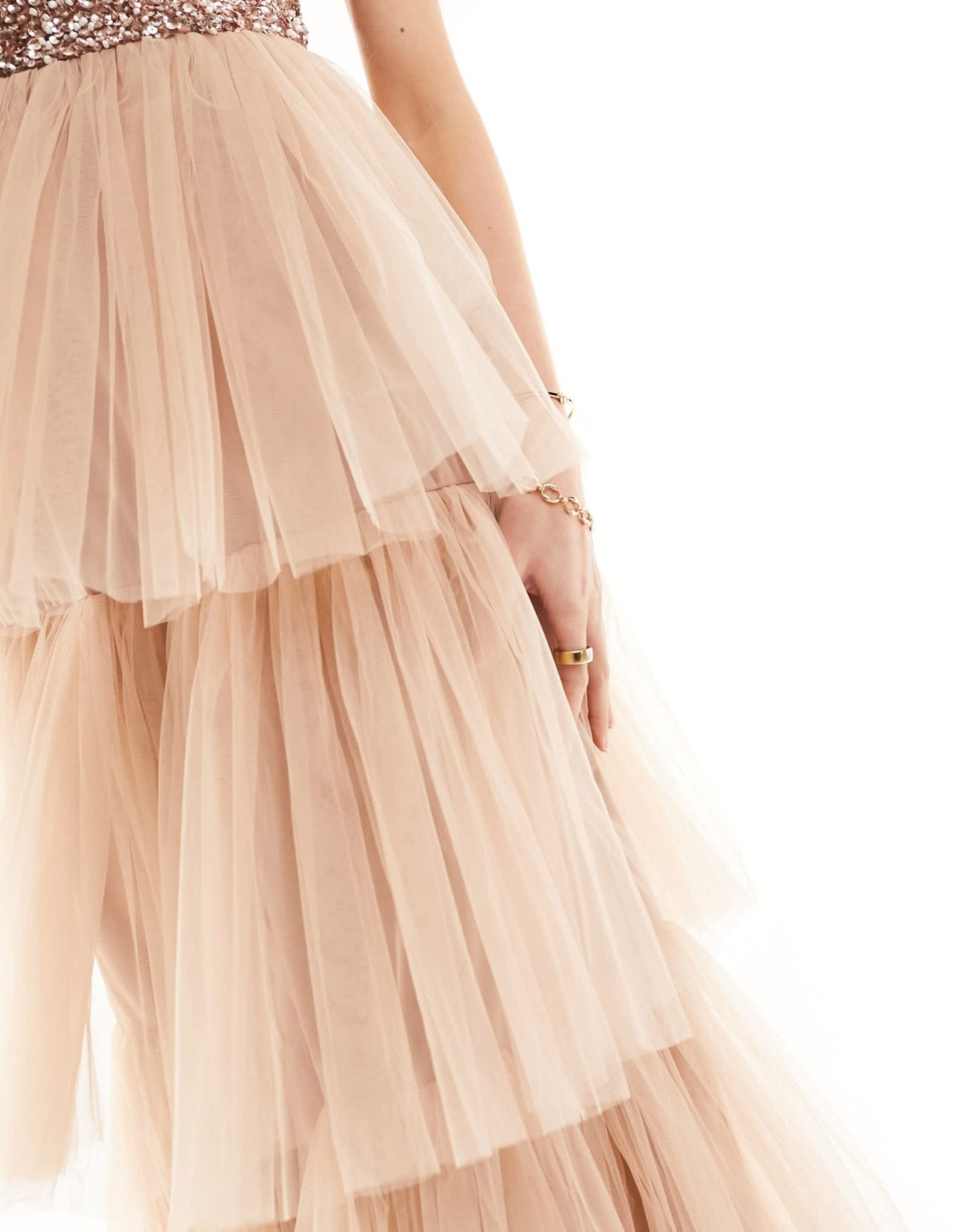 Beauut Bridesmaid strapless embellished tiered maxi dress in taupe - ASOS Sample Sale EU Store