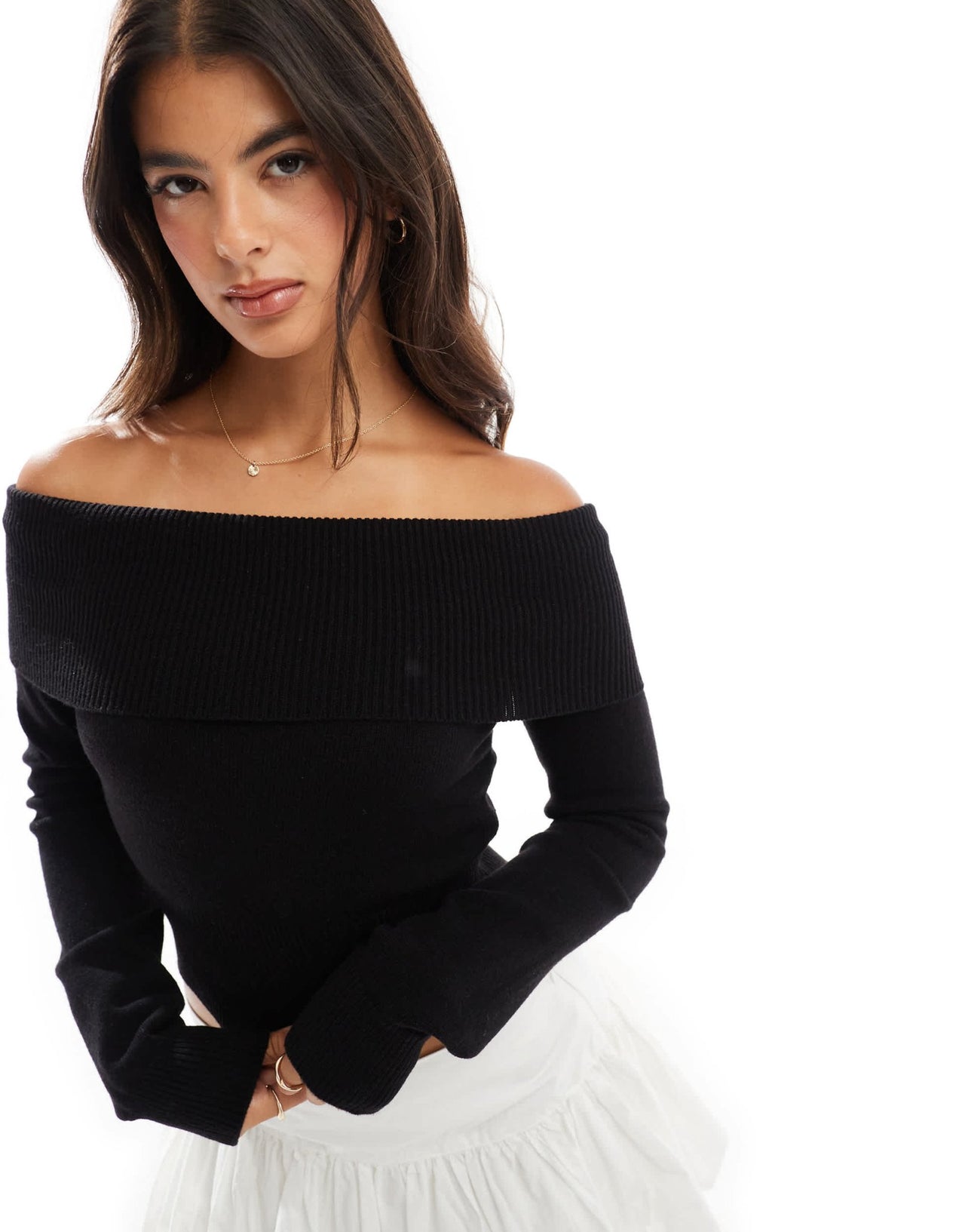 Bershka bardot knitted jumper in black - ASOS Sample Sale EU Store