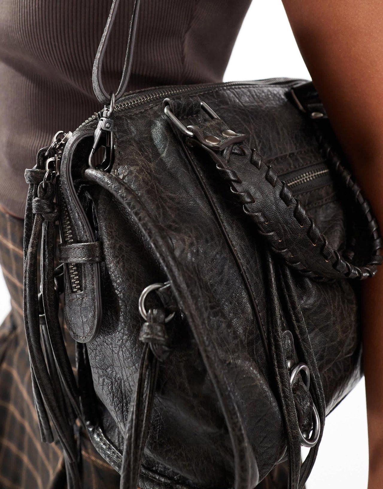 Bershka faux leather strappy handbag with tassles in washed black - ASOS Sample Sale EU Store