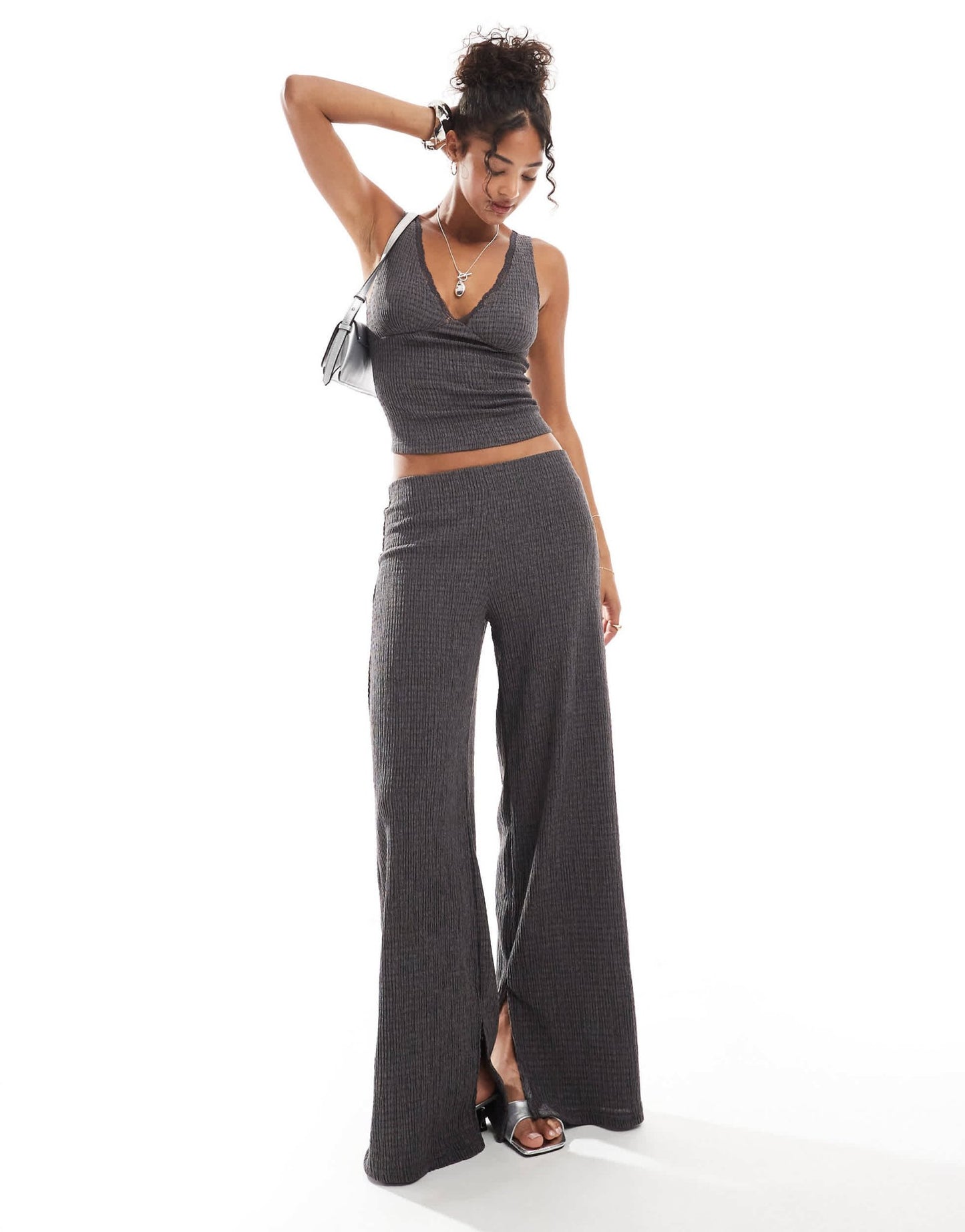 Bershka lace detail plunge top co - ord in charcoal - ASOS Sample Sale EU Store