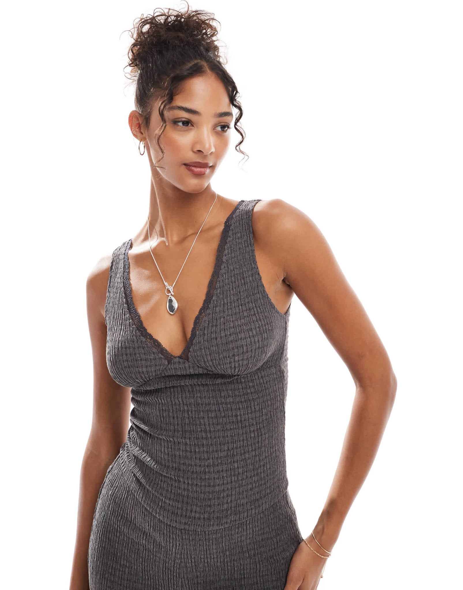 Bershka lace detail plunge top co - ord in charcoal - ASOS Sample Sale EU Store