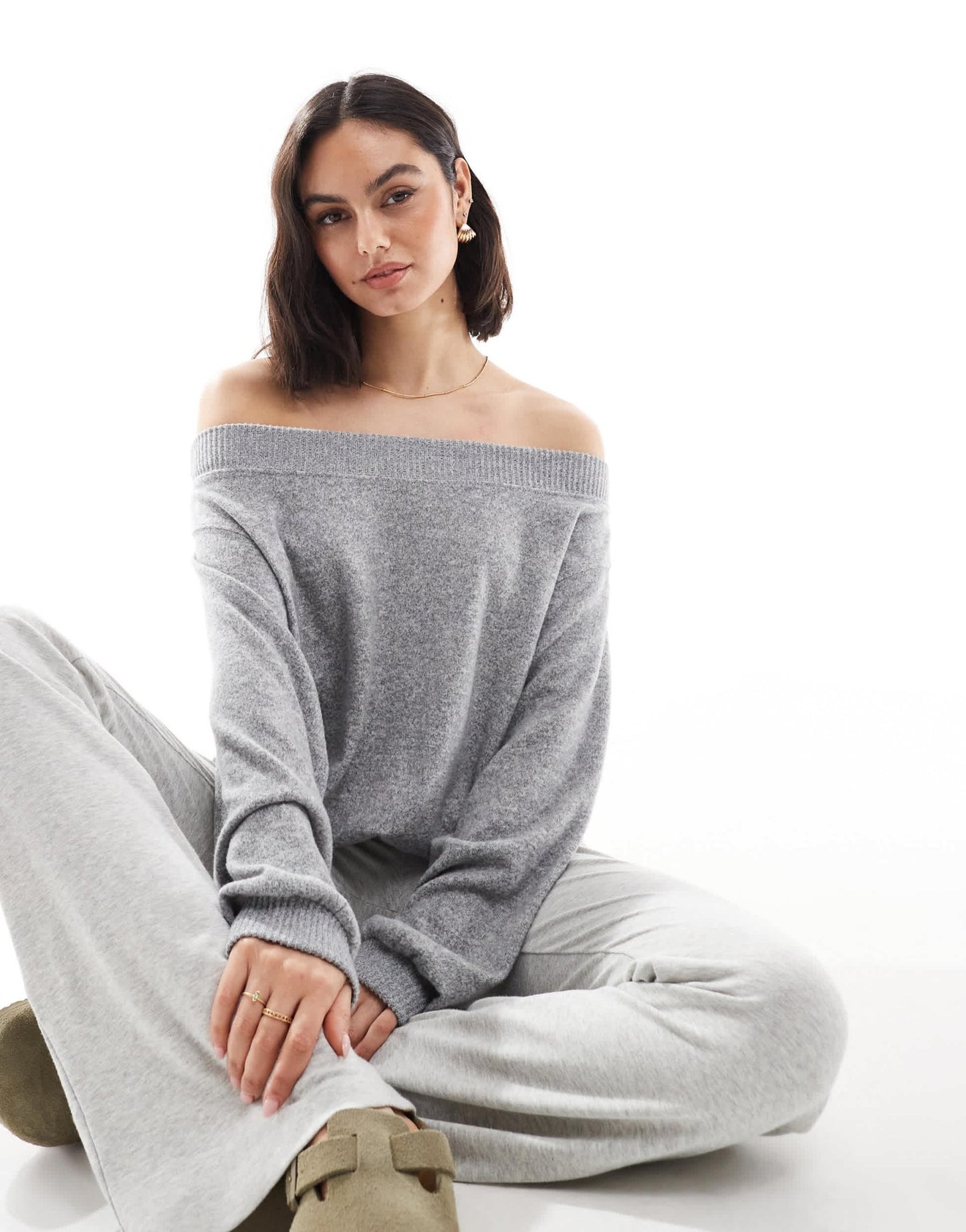 Bershka off the shoulder knit top in grey marl - ASOS Sample Sale EU Store
