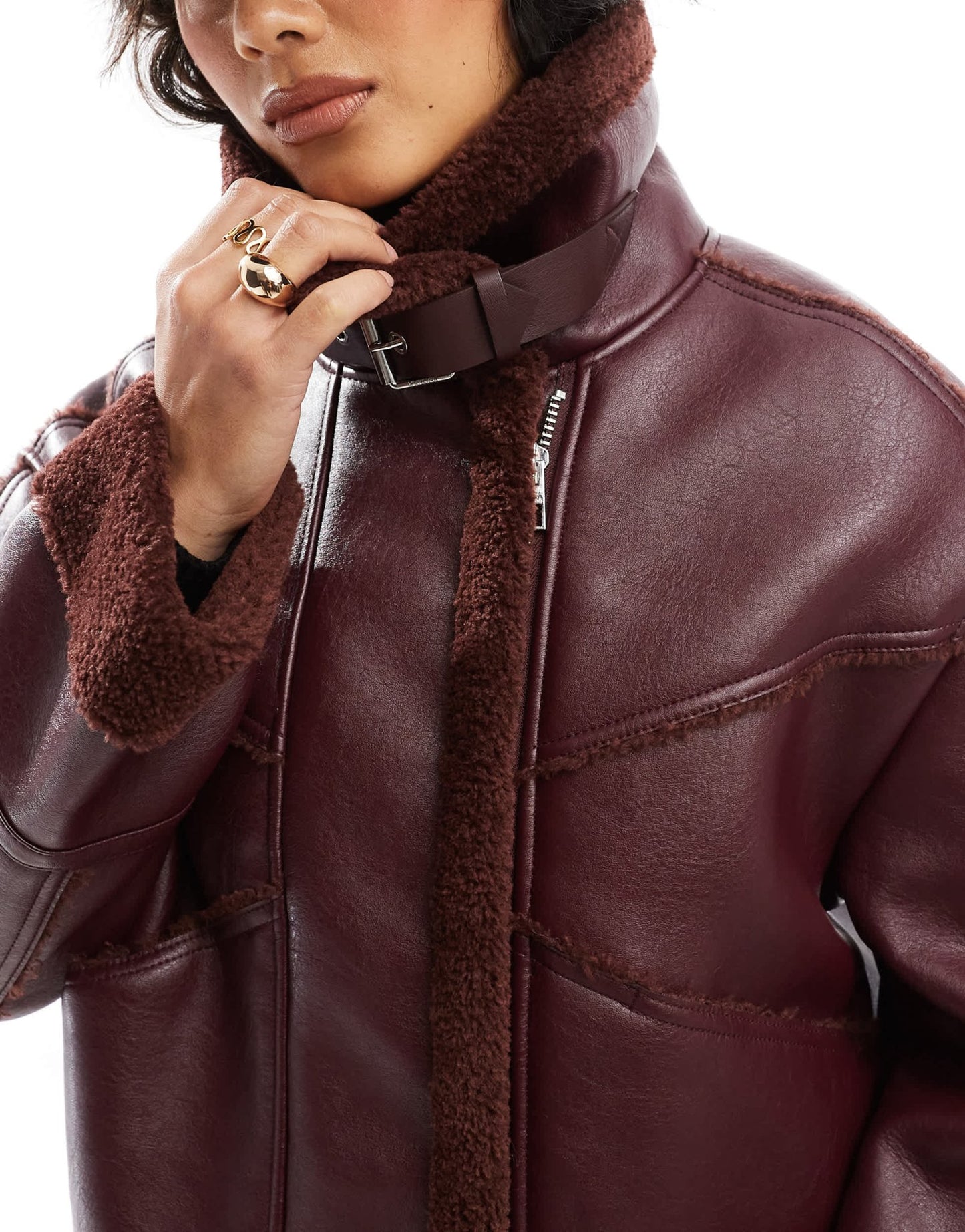 Bershka shearling oversized jacket in burgundy - ASOS Sample Sale EU Store