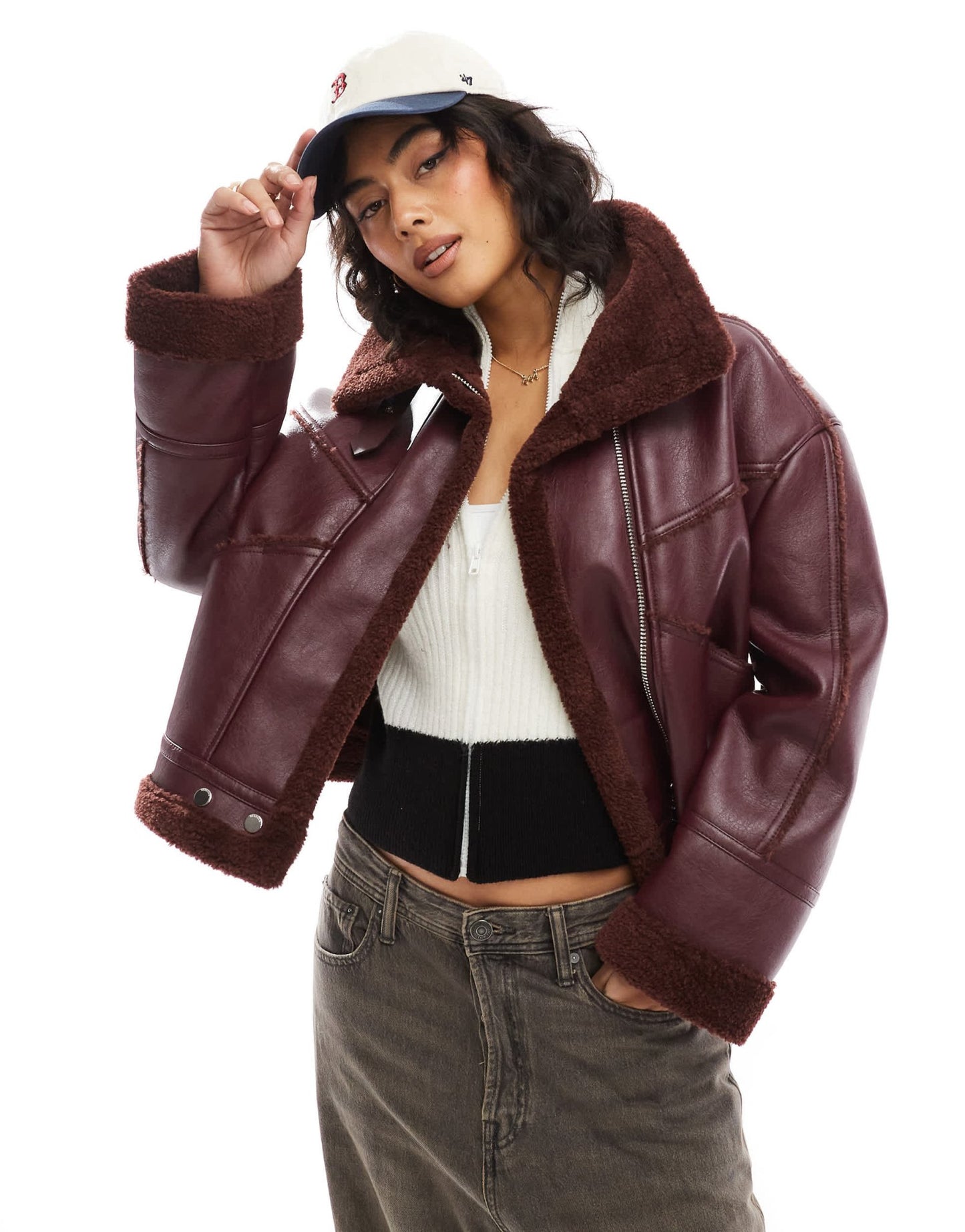 Bershka shearling oversized jacket in burgundy - ASOS Sample Sale EU Store