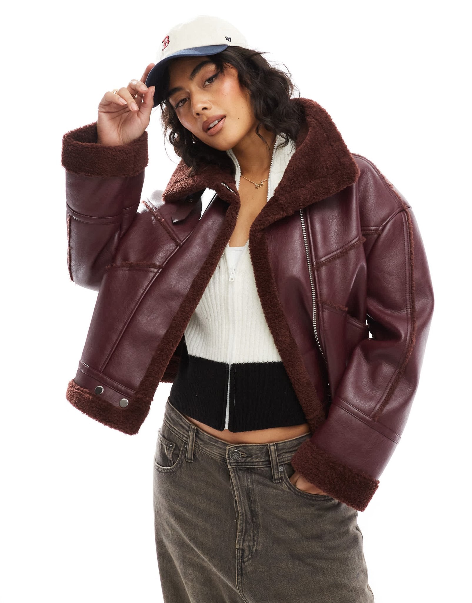 Bershka shearling oversized jacket in burgundy - ASOS Sample Sale EU Store