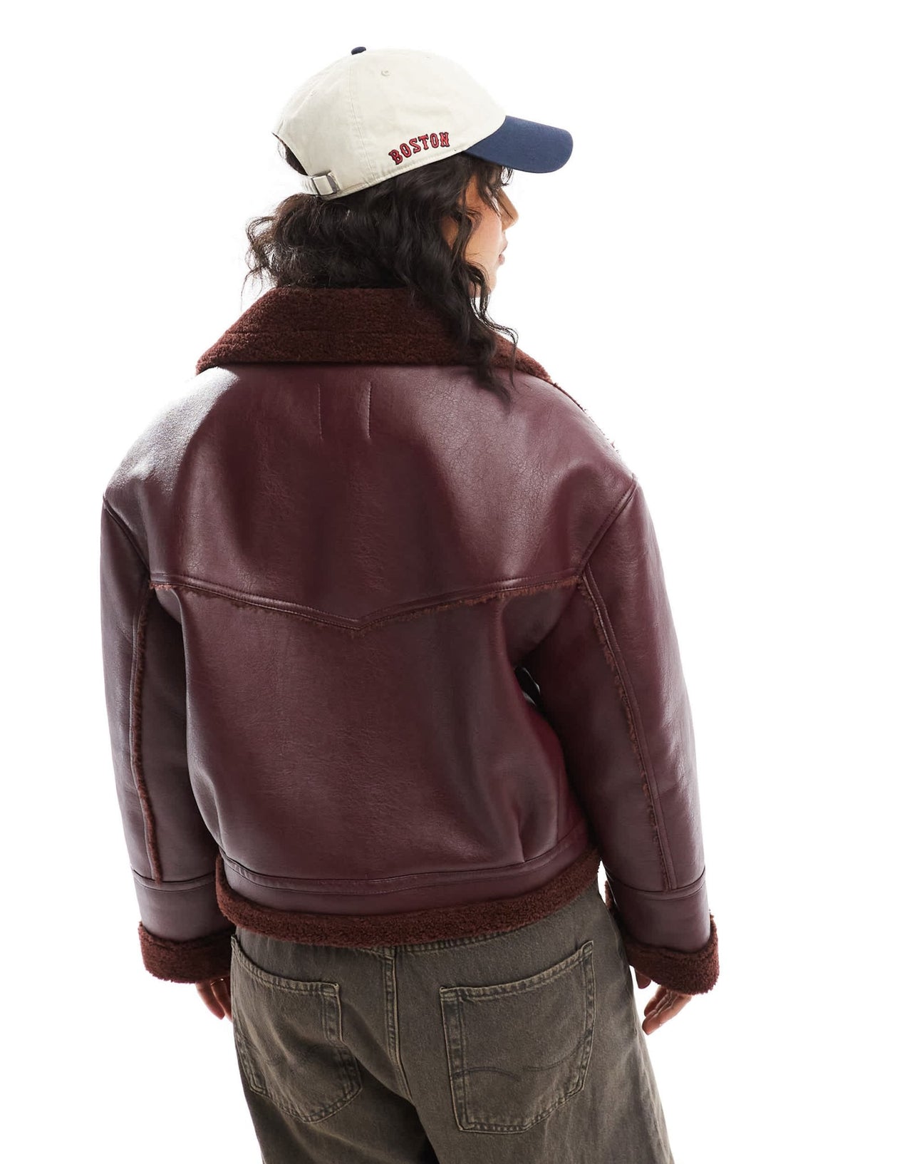Bershka shearling oversized jacket in burgundy - ASOS Sample Sale EU Store