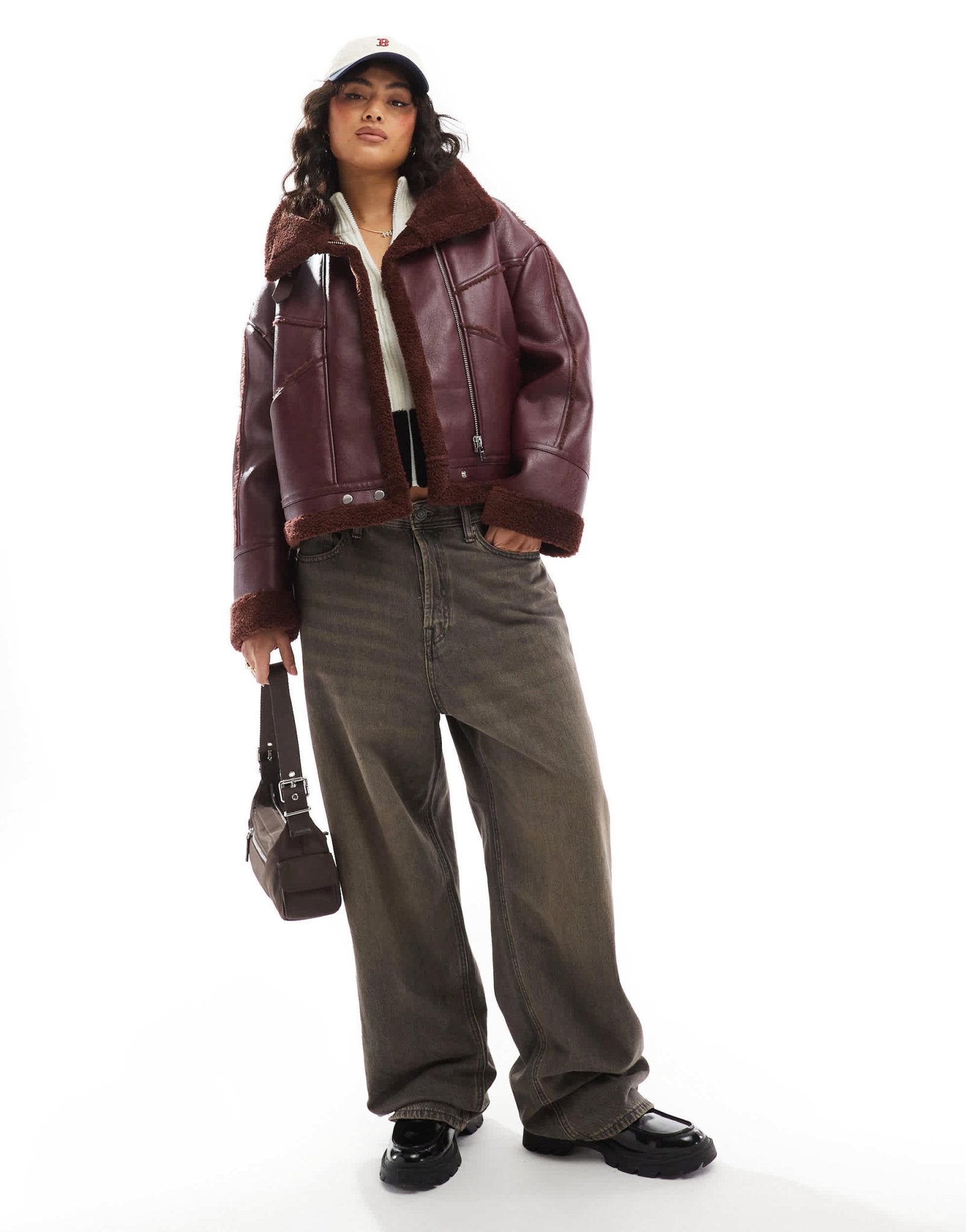 Bershka shearling oversized jacket in burgundy - ASOS Sample Sale EU Store