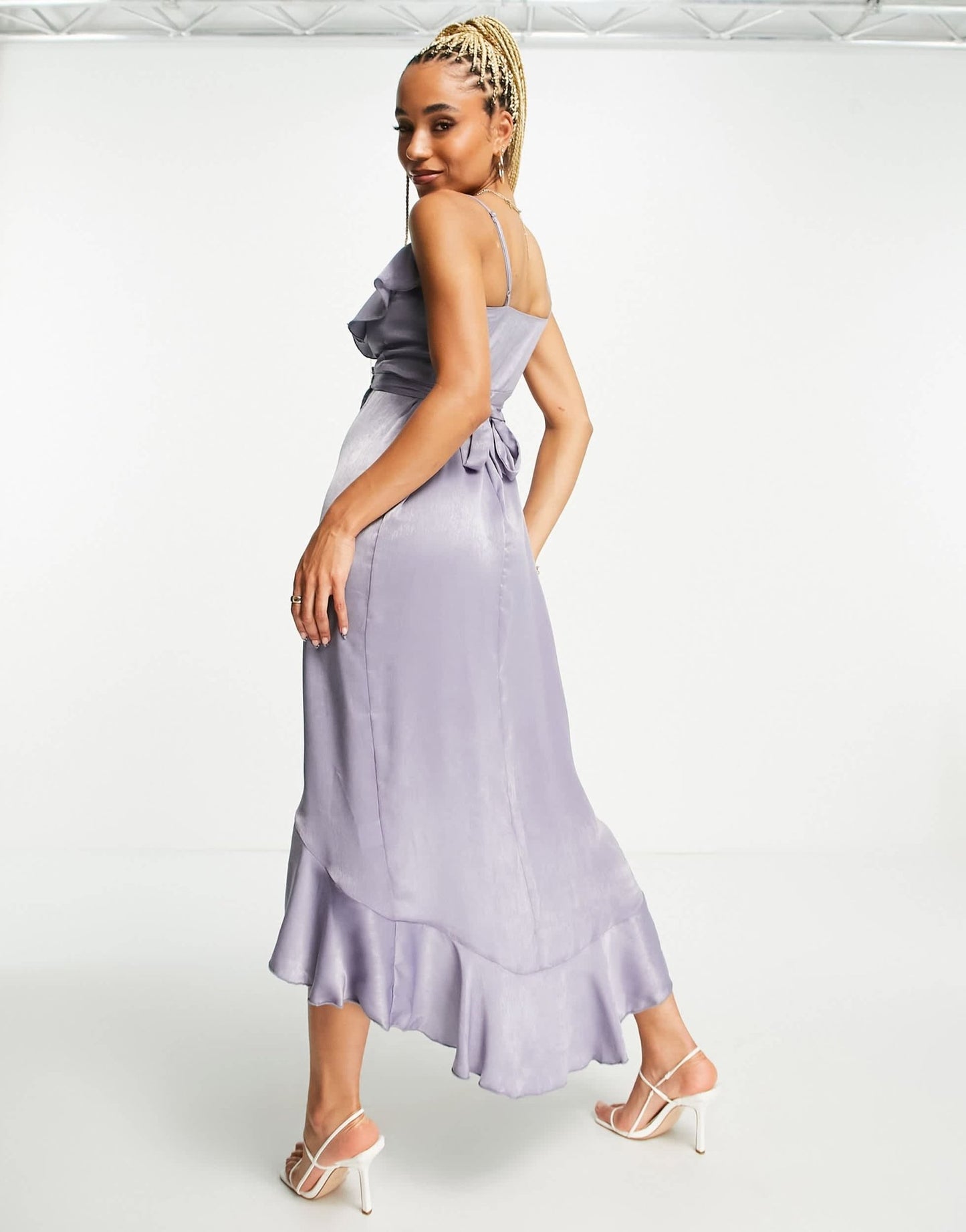 Blume Bridal wrap satin midi dress with frill detail in grey blue - ASOS Sample Sale EU Store