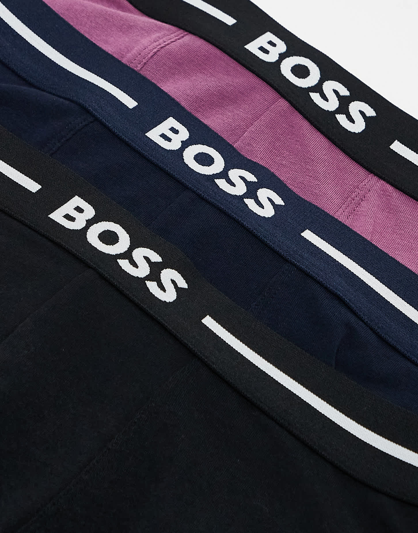 BOSS Bodywear Bold 3 pack logo waistband trunks in rose/navy/black - ASOS Sample Sale EU Store