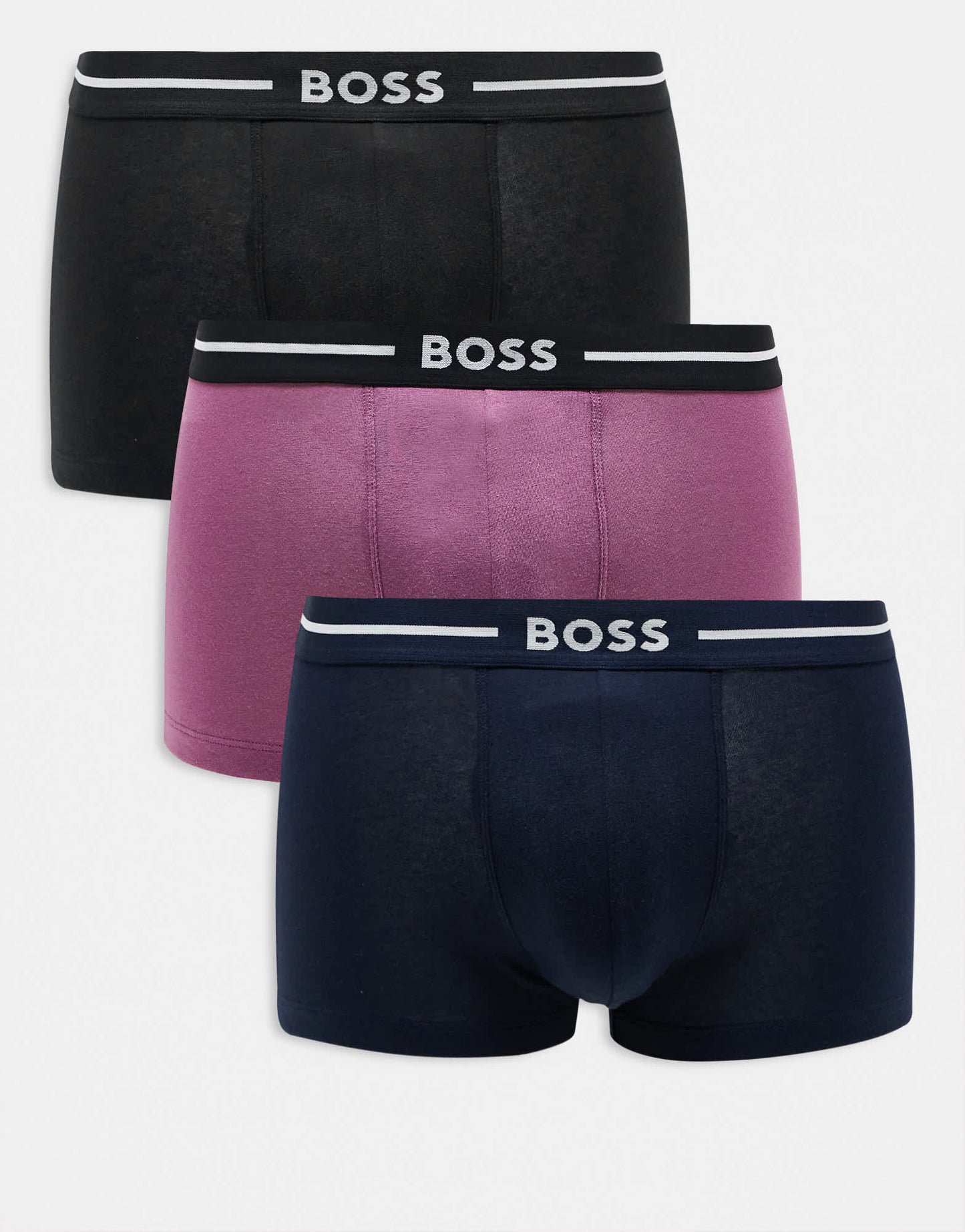 BOSS Bodywear Bold 3 pack logo waistband trunks in rose/navy/black - ASOS Sample Sale EU Store