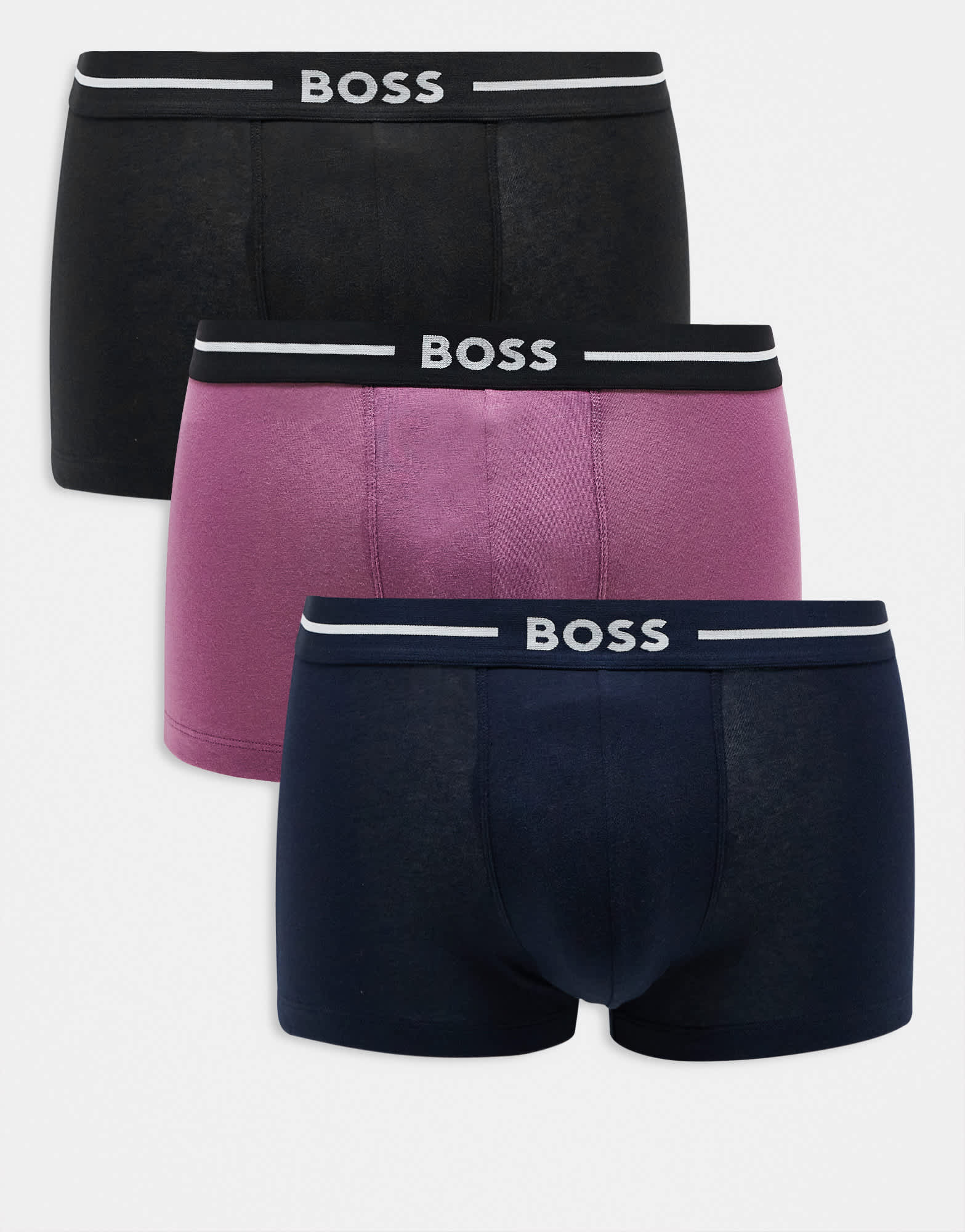 BOSS Bodywear Bold 3 pack logo waistband trunks in rose/navy/black - ASOS Sample Sale EU Store