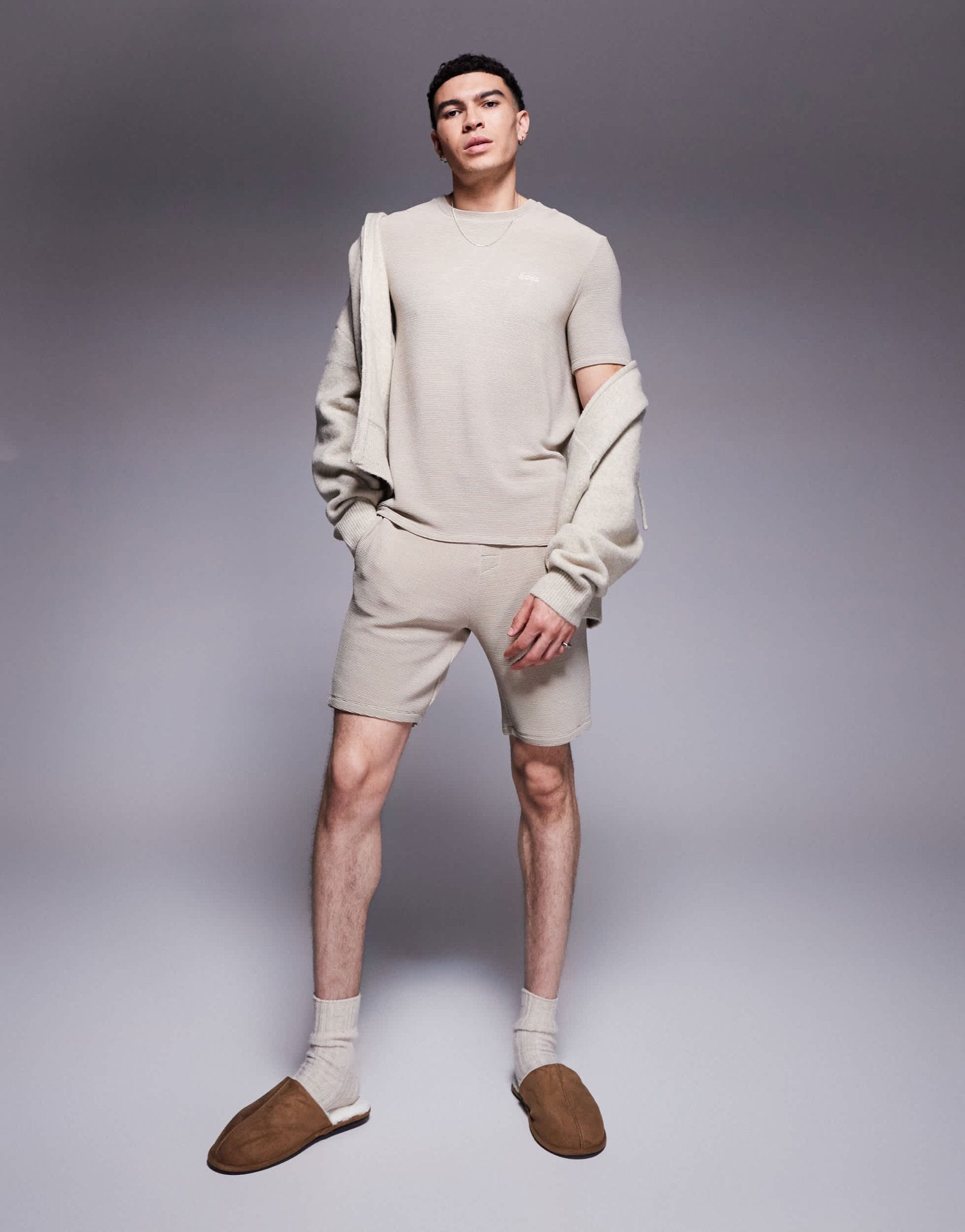 BOSS Bodywear Rib logo shorts in light beige co - ord - ASOS Sample Sale EU Store