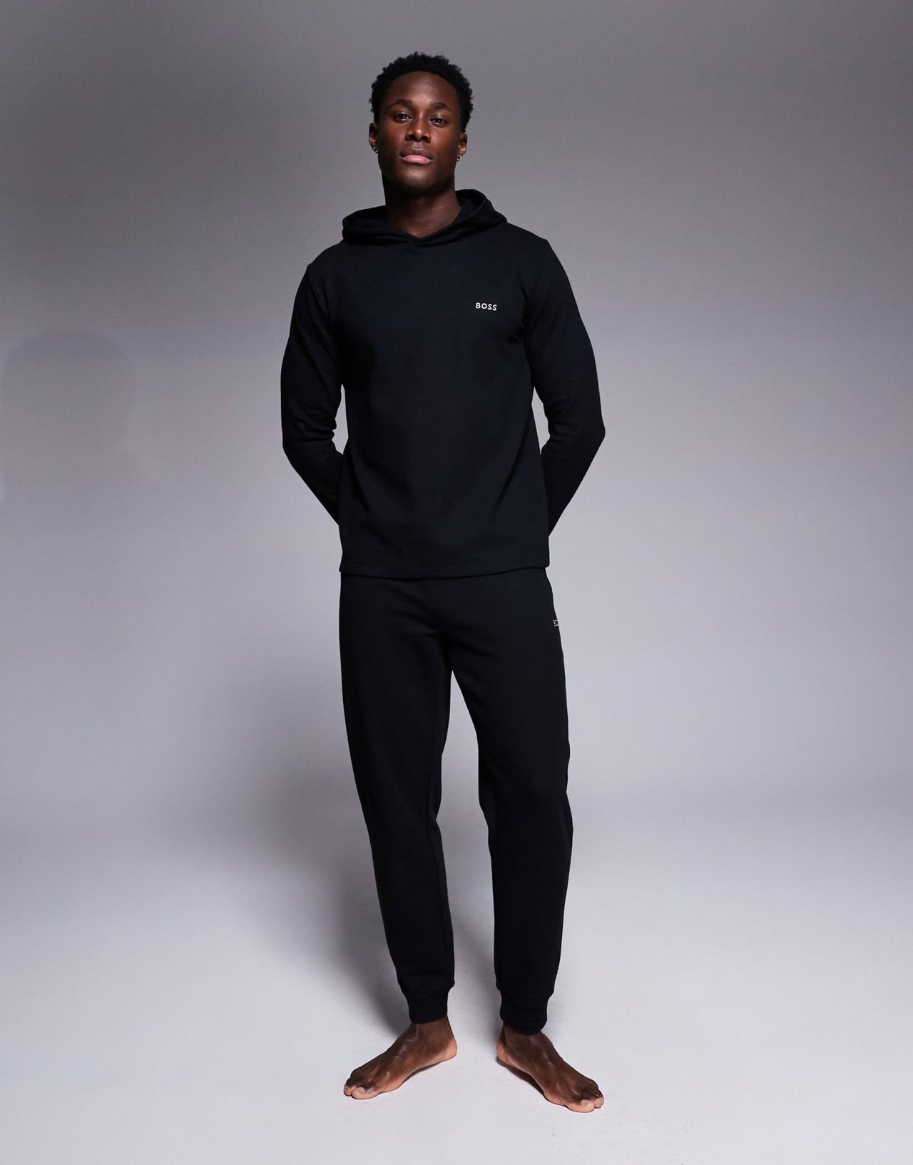 BOSS Bodywear Waffle logo long sleeve hooded t-shirt regular fit in black co - ord - ASOS Sample Sale EU Store