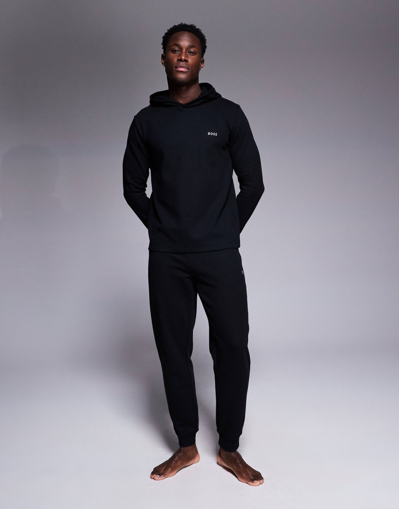 BOSS Bodywear Waffle logo long sleeve hooded t-shirt regular fit in black co - ord - ASOS Sample Sale EU Store