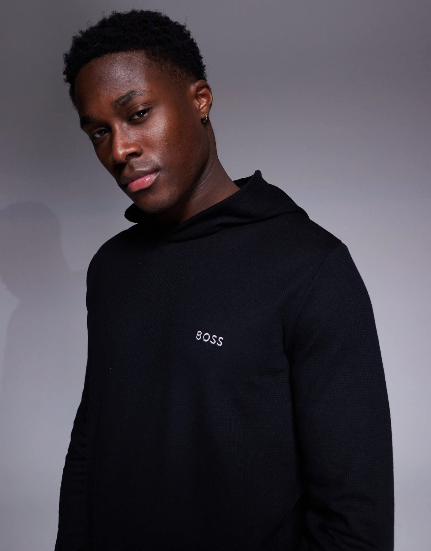 BOSS Bodywear Waffle logo long sleeve hooded t-shirt regular fit in black co - ord - ASOS Sample Sale EU Store