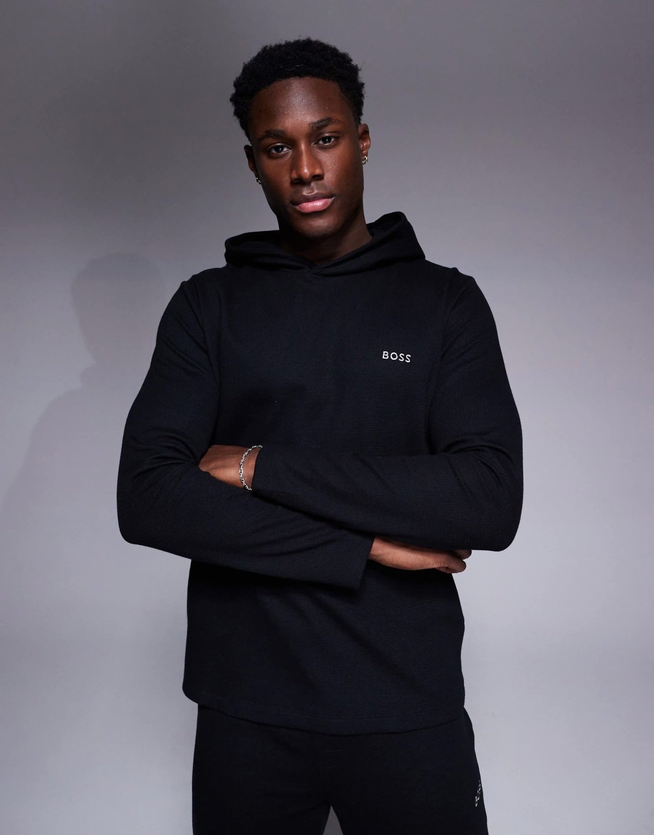 BOSS Bodywear Waffle logo long sleeve hooded t-shirt regular fit in black co - ord - ASOS Sample Sale EU Store