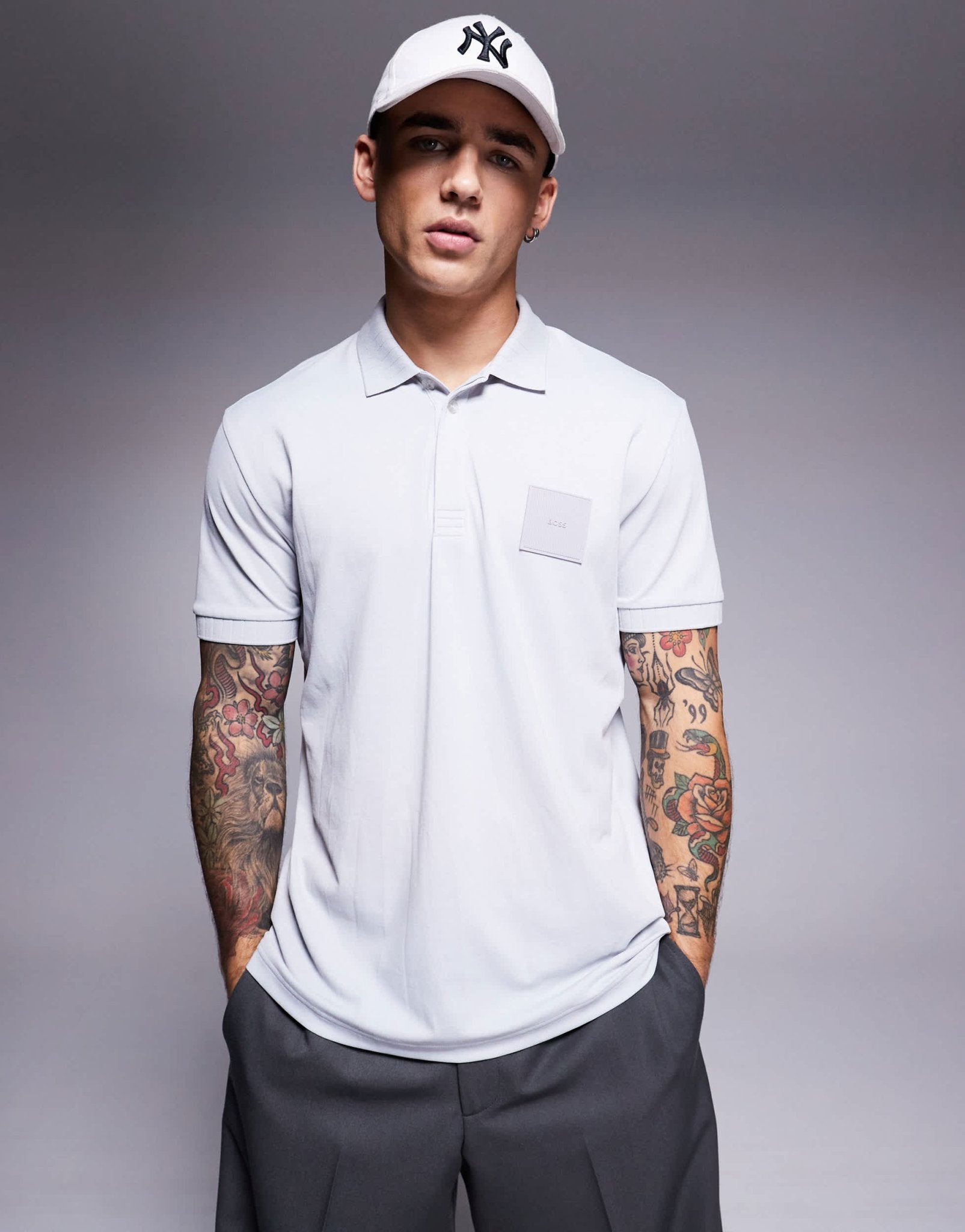 BOSS Green Paddy DropNeedle box logo pique polo regular fit in light grey - ASOS Sample Sale EU Store