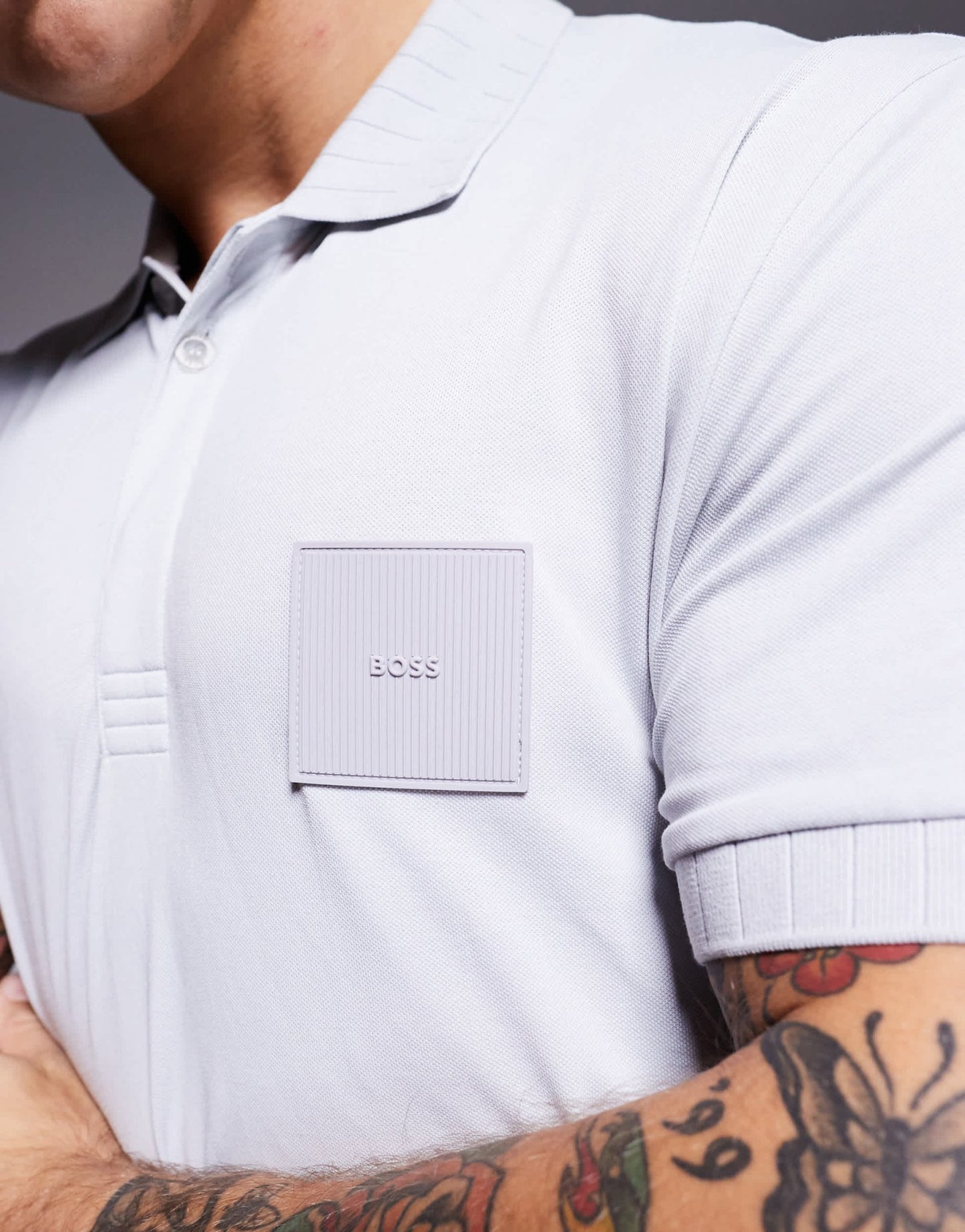 BOSS Green Paddy DropNeedle box logo pique polo regular fit in light grey - ASOS Sample Sale EU Store