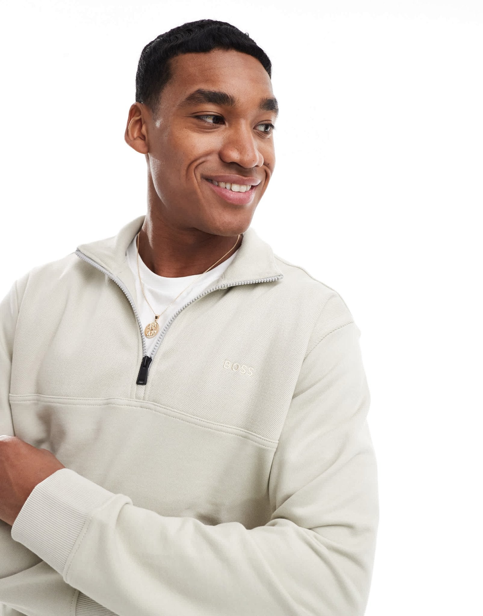 BOSS Orange half zip sweatshirt in beige with textured panels - ASOS Sample Sale EU Store