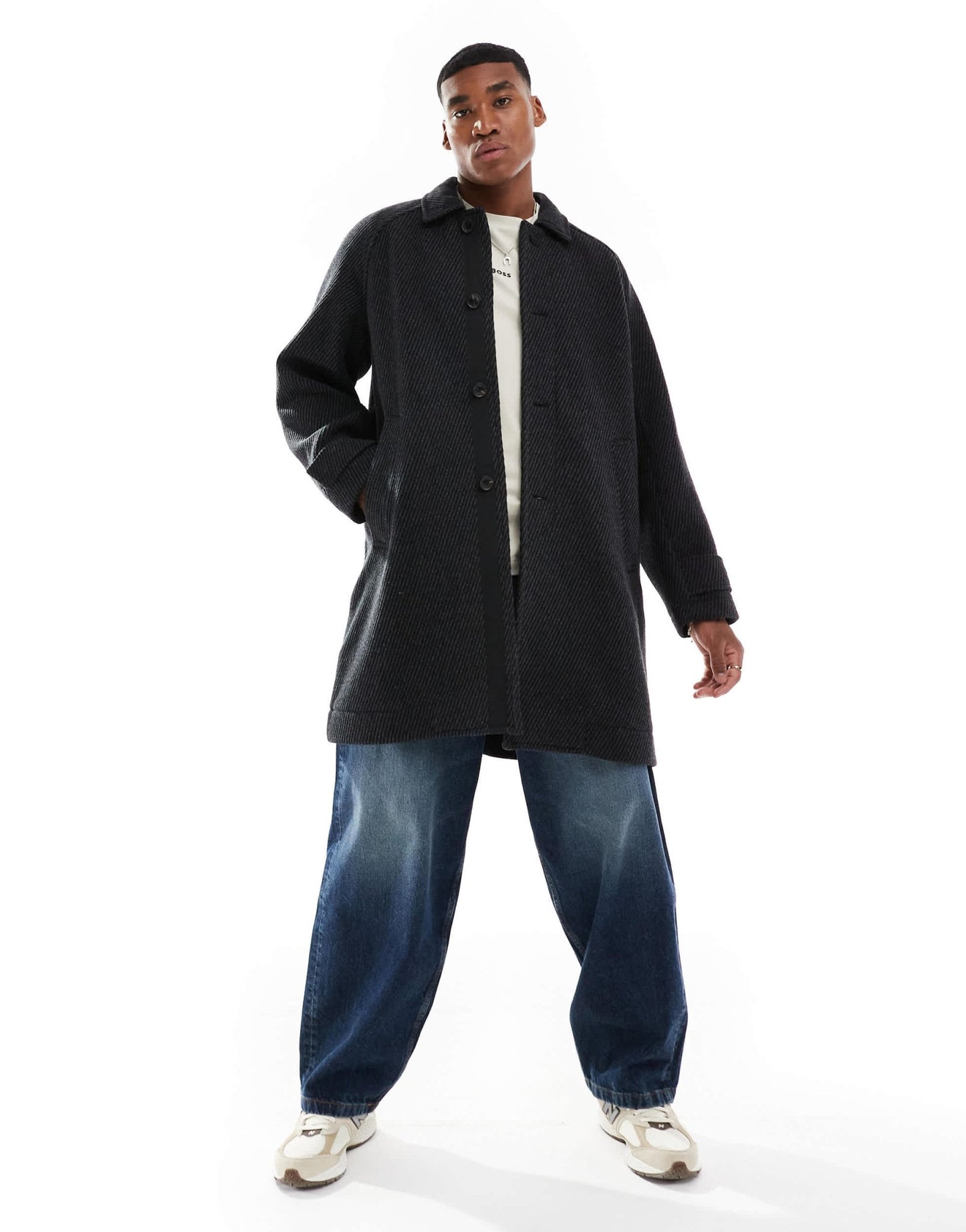 BOSS Orange ocozy herringbone longline overcoat in black and grey - ASOS Sample Sale EU Store