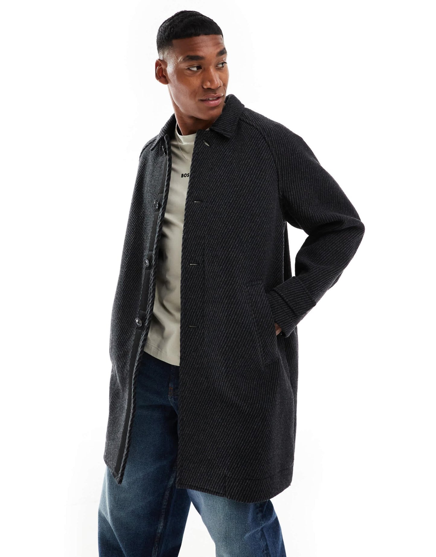 BOSS Orange ocozy herringbone longline overcoat in black and grey - ASOS Sample Sale EU Store