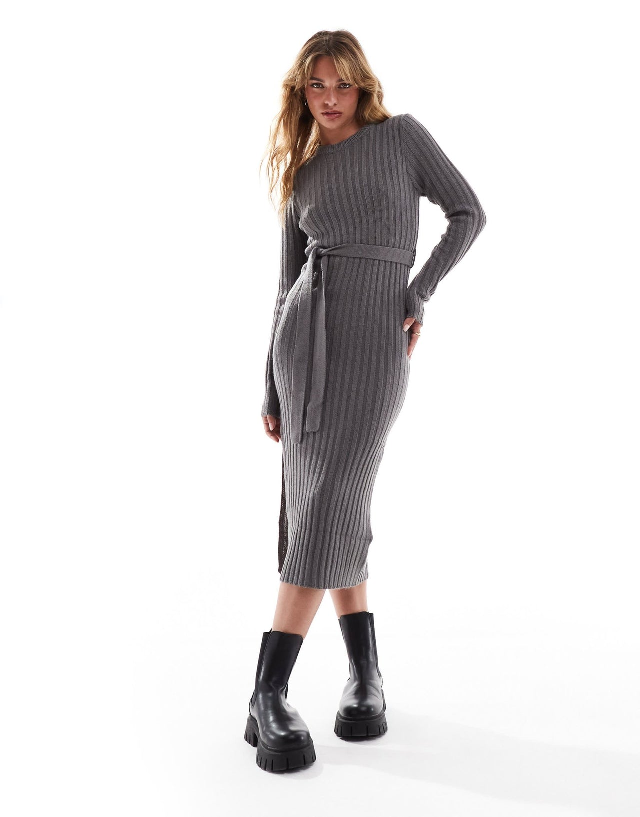 Brave Soul belted knitted midi dress with slit in charcoal grey - ASOS Sample Sale EU Store