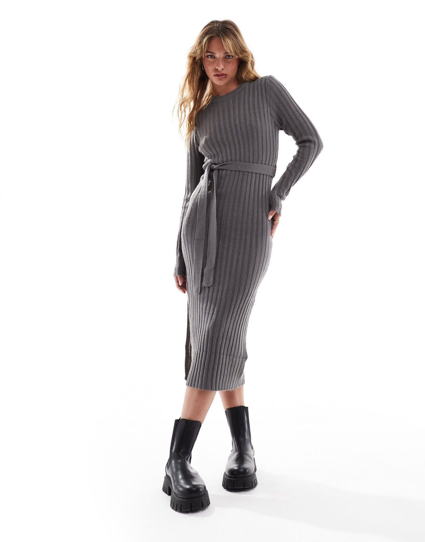 Brave Soul belted knitted midi dress with slit in charcoal grey - ASOS Sample Sale EU Store