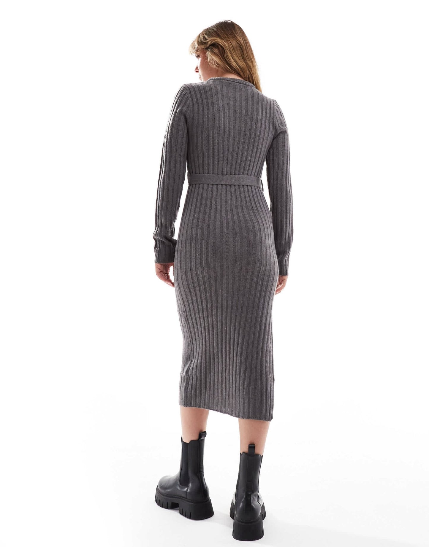 Brave Soul belted knitted midi dress with slit in charcoal grey - ASOS Sample Sale EU Store